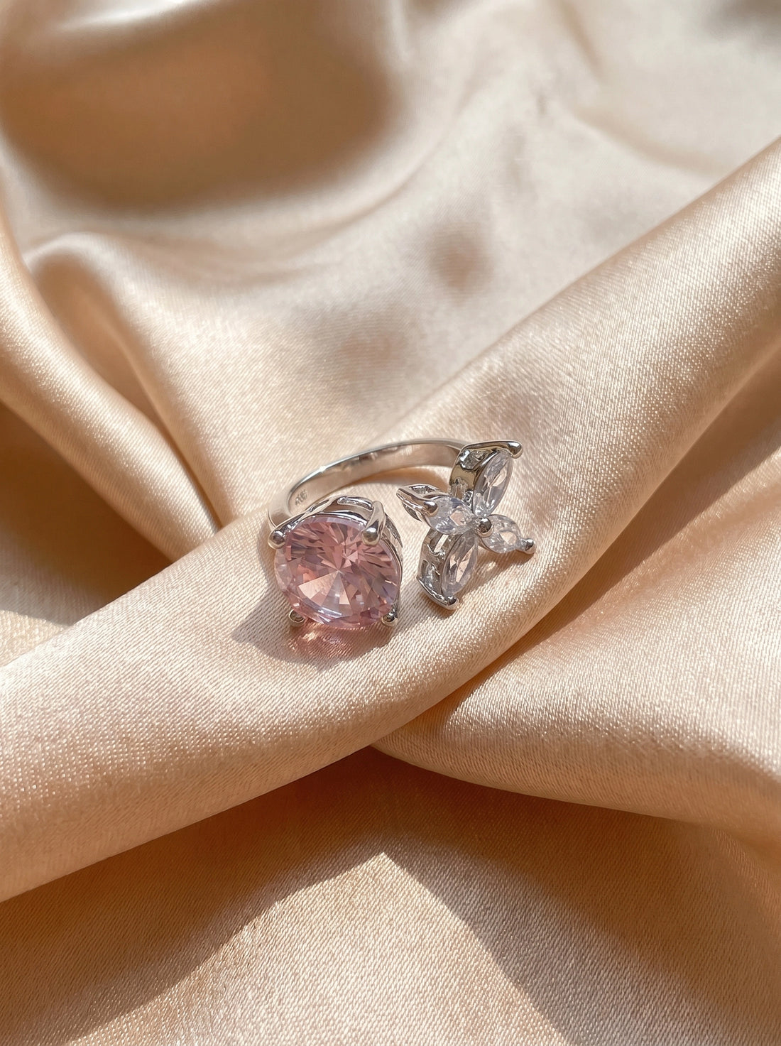 Pink Crystal Butterfly Ring for Women – Adjustable Silver Ring, Sparkly Butterfly Statement Ring, Romantic Pink Gemstone Jewelry, Gift for Her