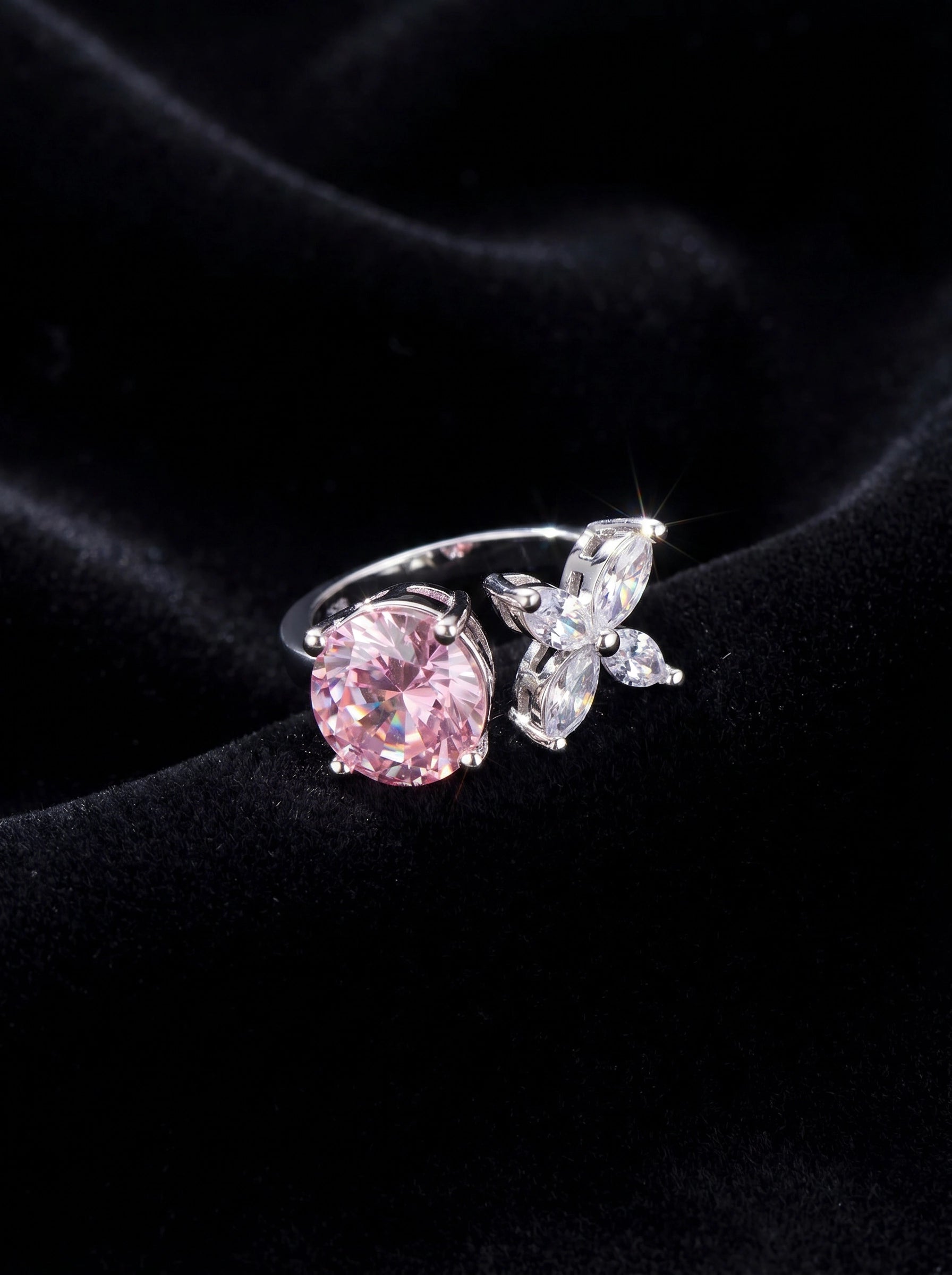 Pink Crystal Butterfly Ring for Women – Adjustable Silver Ring, Sparkly Butterfly Statement Ring, Romantic Pink Gemstone Jewelry, Gift for Her