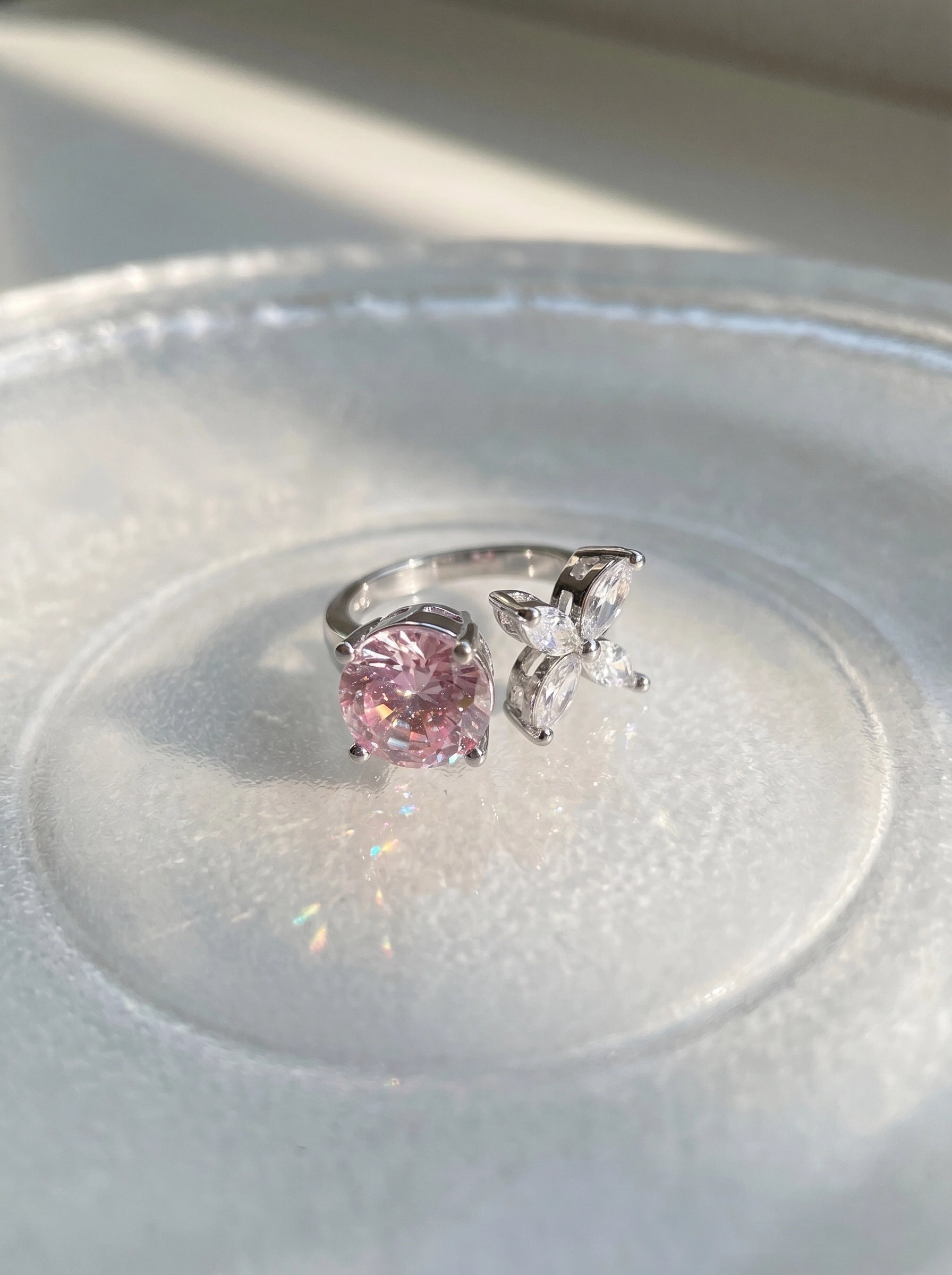 Pink Crystal Butterfly Ring for Women – Adjustable Silver Ring, Sparkly Butterfly Statement Ring, Romantic Pink Gemstone Jewelry, Gift for Her