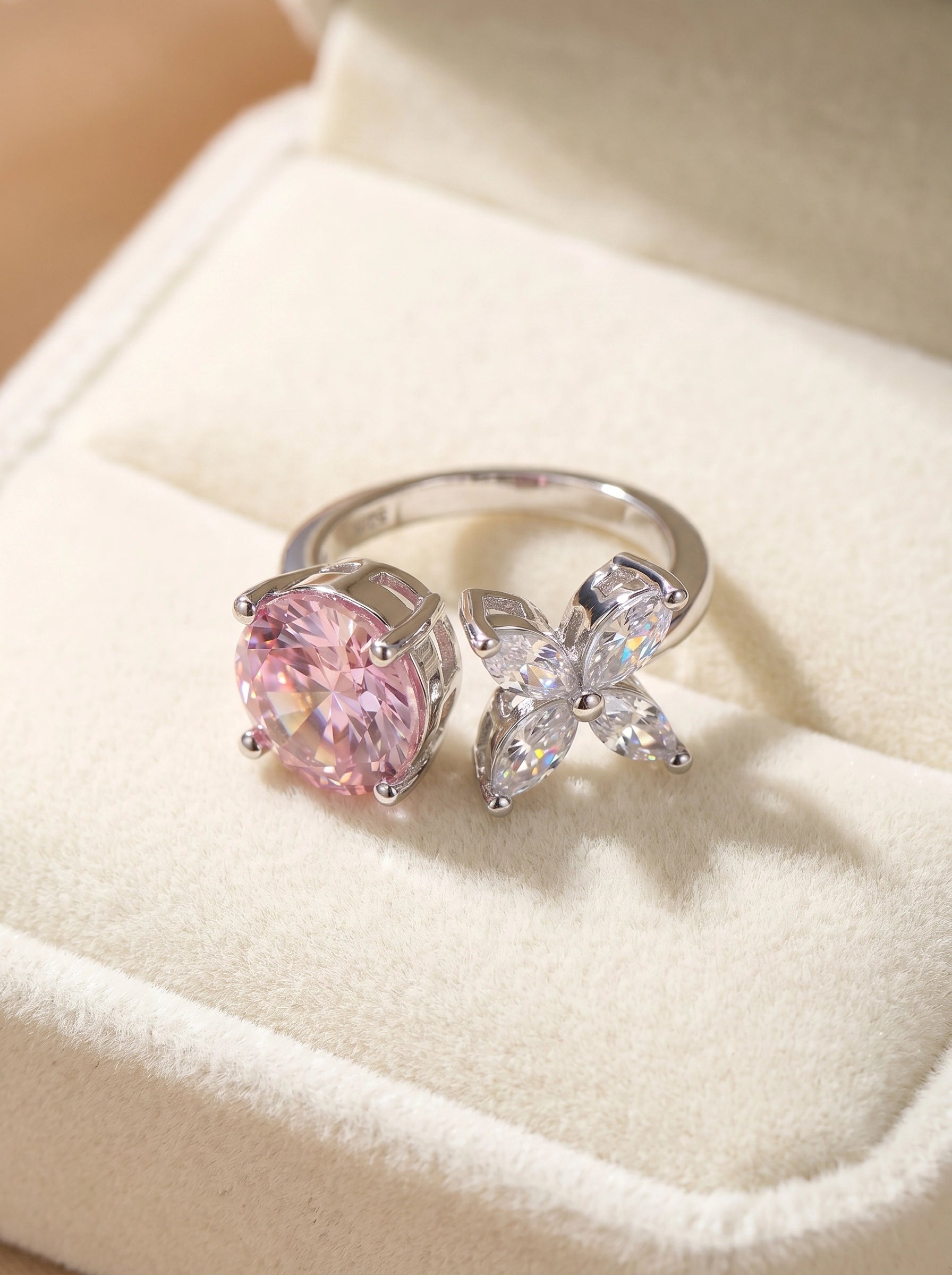 Pink Crystal Butterfly Ring for Women – Adjustable Silver Ring, Sparkly Butterfly Statement Ring, Romantic Pink Gemstone Jewelry, Gift for Her