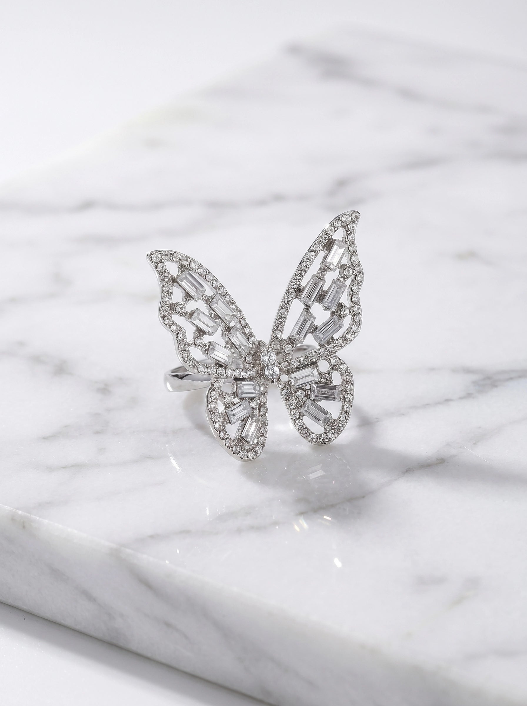 Crystal Butterfly Statement Ring for Women – Sparkling Silver Butterfly Ring, Adjustable Cocktail Ring, Elegant Crystal Jewelry, Gift for Her