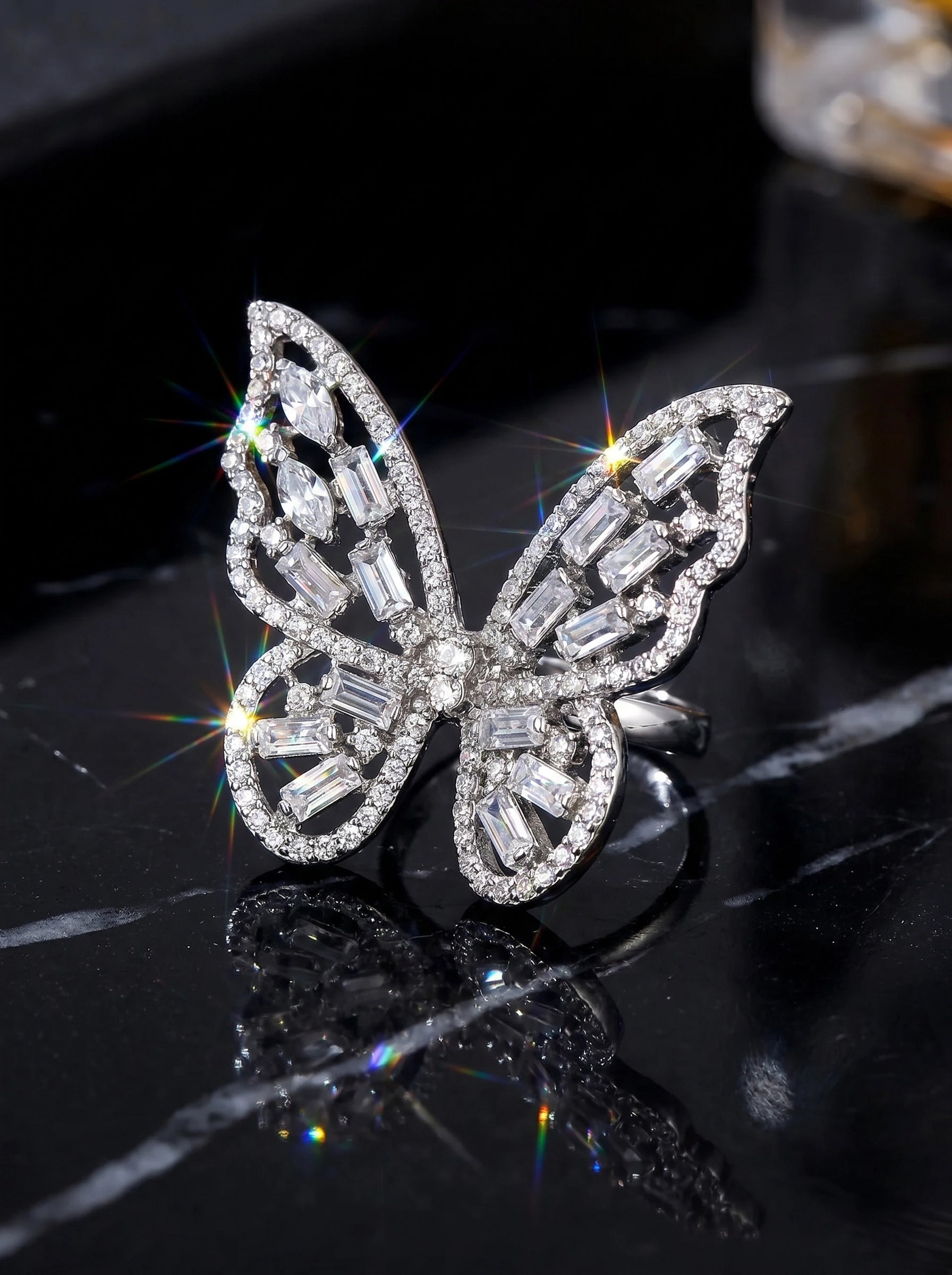 Crystal Butterfly Statement Ring for Women – Sparkling Silver Butterfly Ring, Adjustable Cocktail Ring, Elegant Crystal Jewelry, Gift for Her