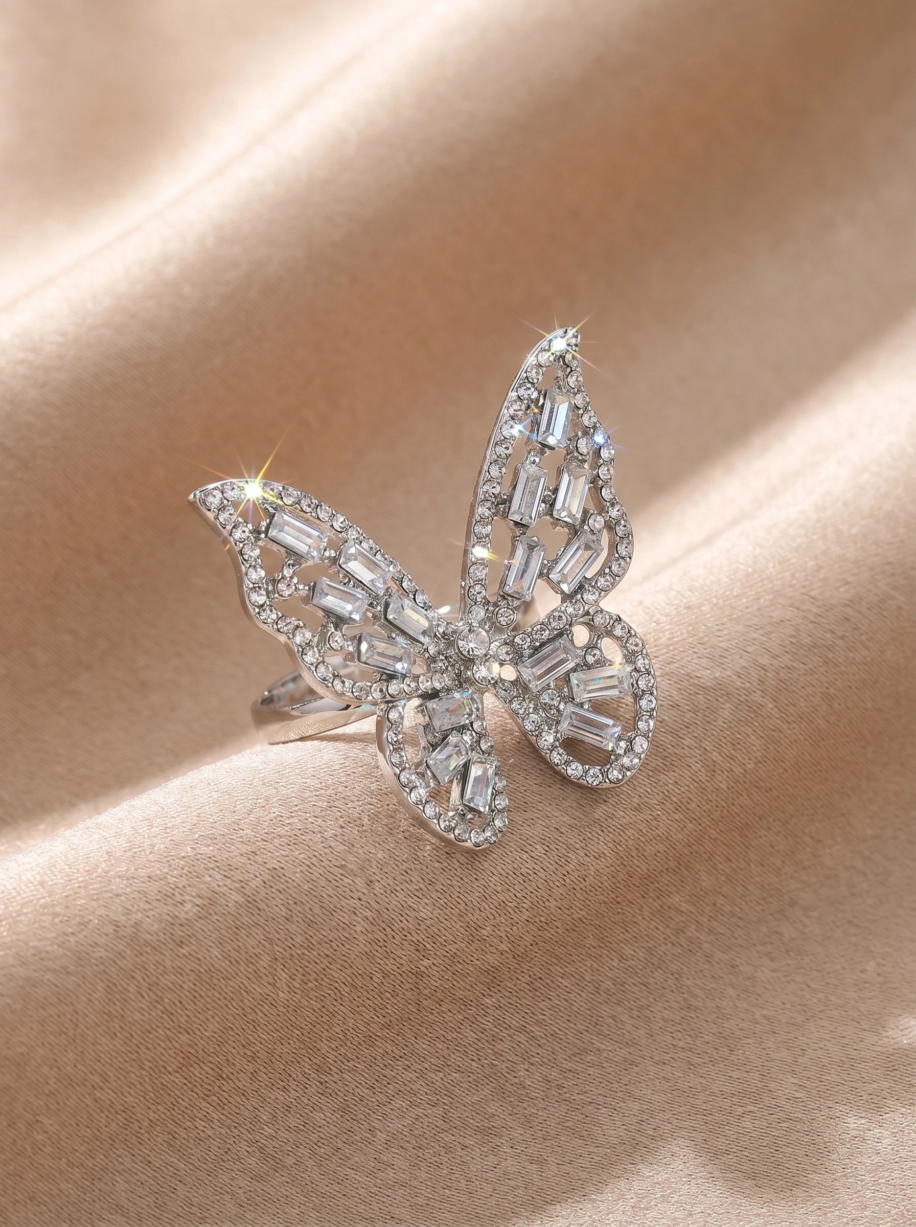 Crystal Butterfly Statement Ring for Women – Sparkling Silver Butterfly Ring, Adjustable Cocktail Ring, Elegant Crystal Jewelry, Gift for Her
