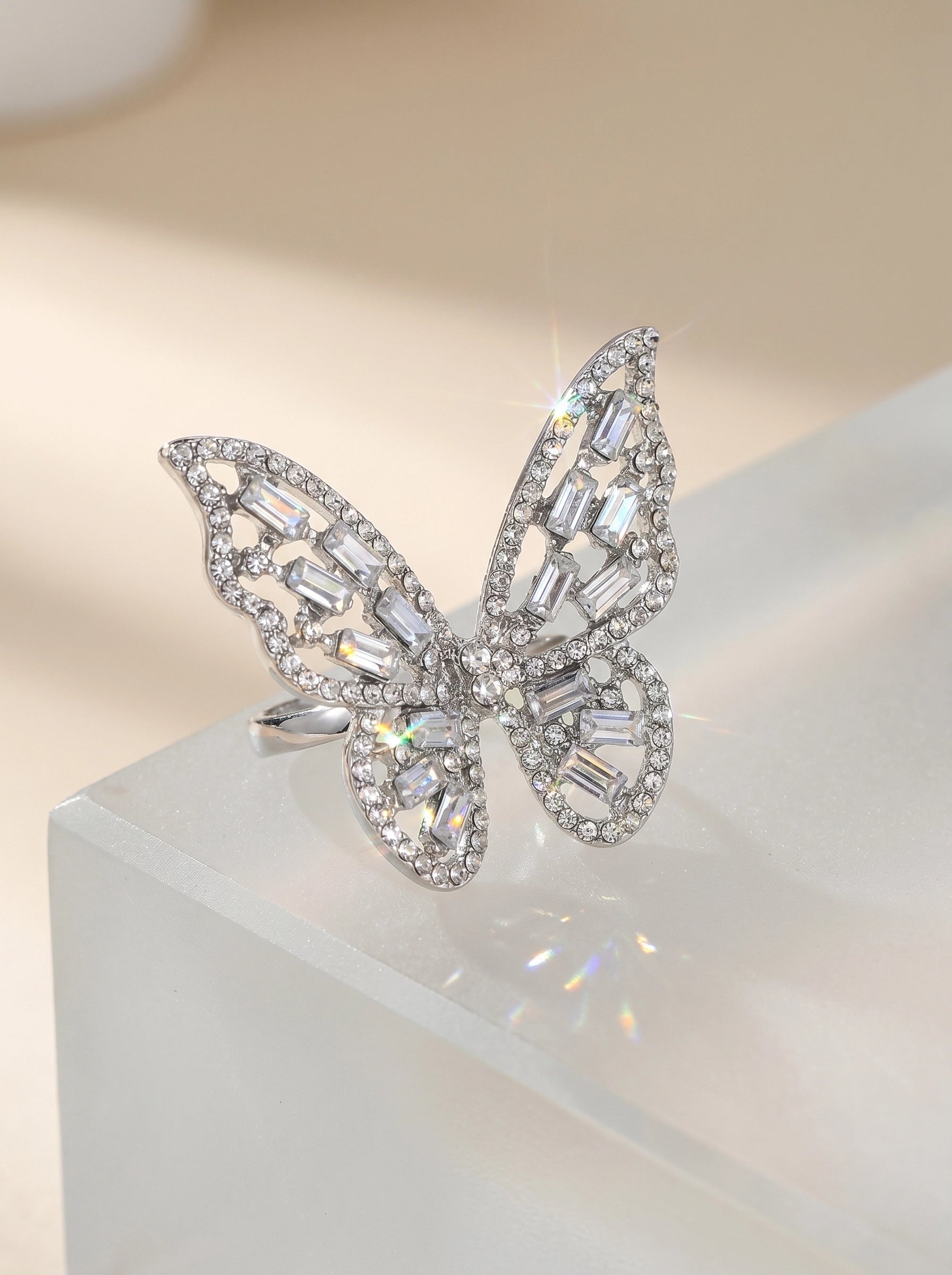 Crystal Butterfly Statement Ring for Women – Sparkling Silver Butterfly Ring, Adjustable Cocktail Ring, Elegant Crystal Jewelry, Gift for Her