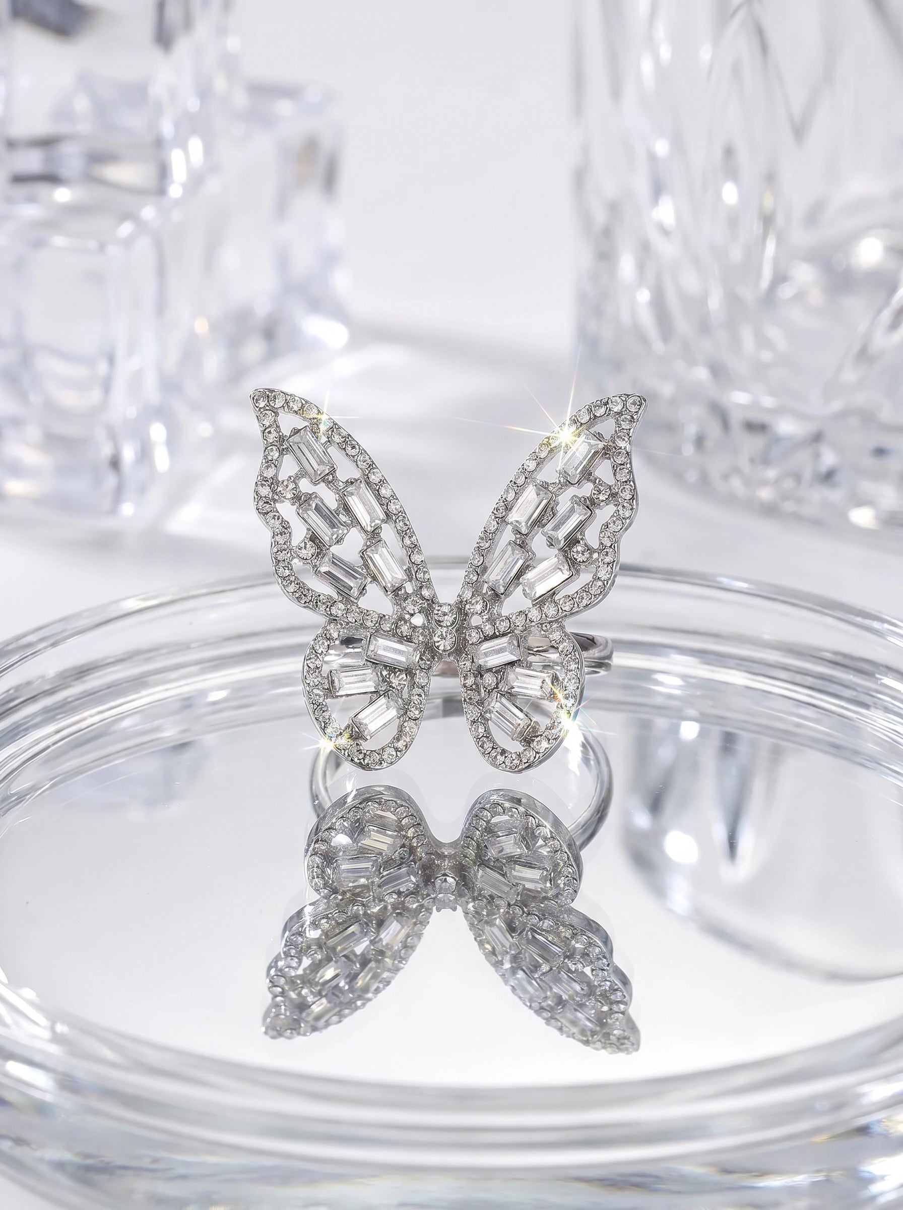 Crystal Butterfly Statement Ring for Women – Sparkling Silver Butterfly Ring, Adjustable Cocktail Ring, Elegant Crystal Jewelry, Gift for Her