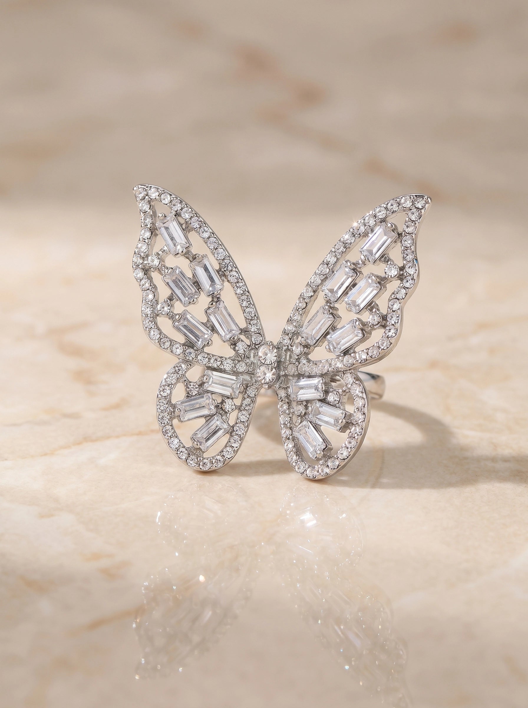 Crystal Butterfly Statement Ring for Women – Sparkling Silver Butterfly Ring, Adjustable Cocktail Ring, Elegant Crystal Jewelry, Gift for Her