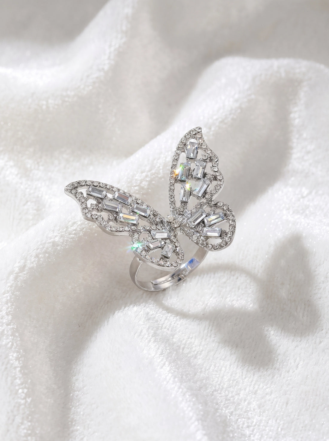 Crystal Butterfly Statement Ring for Women – Sparkling Silver Butterfly Ring, Adjustable Cocktail Ring, Elegant Crystal Jewelry, Gift for Her