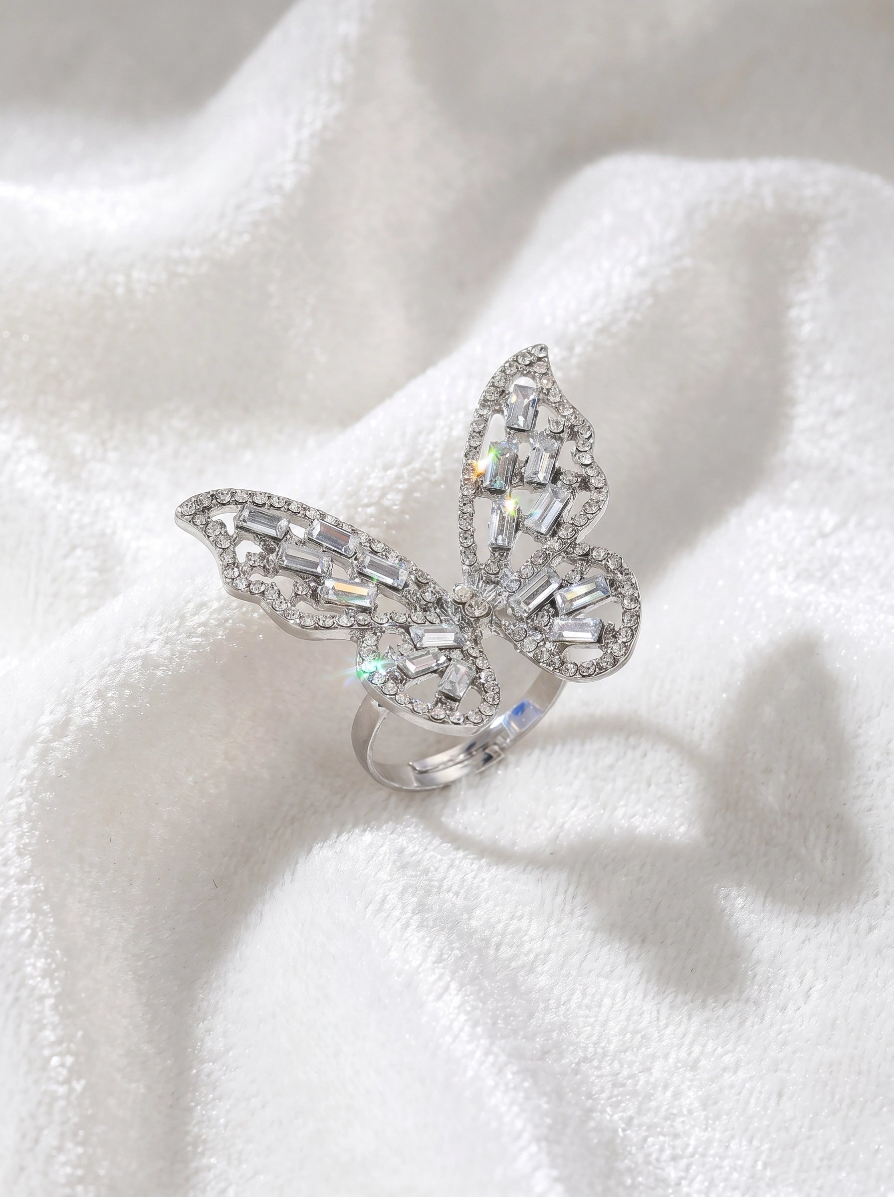 Crystal Butterfly Statement Ring for Women – Sparkling Silver Butterfly Ring, Adjustable Cocktail Ring, Elegant Crystal Jewelry, Gift for Her
