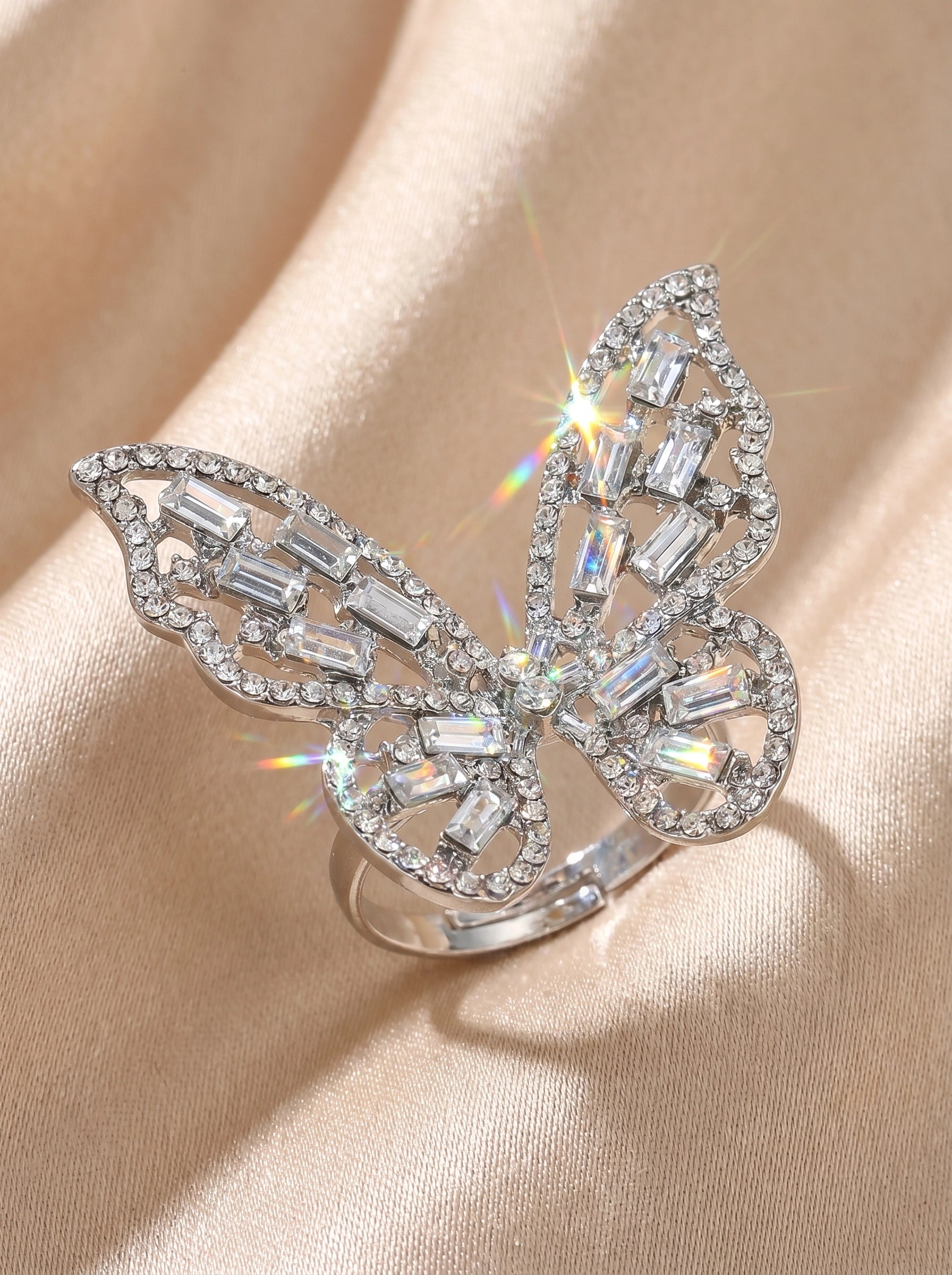 Crystal Butterfly Statement Ring for Women – Sparkling Silver Butterfly Ring, Adjustable Cocktail Ring, Elegant Crystal Jewelry, Gift for Her