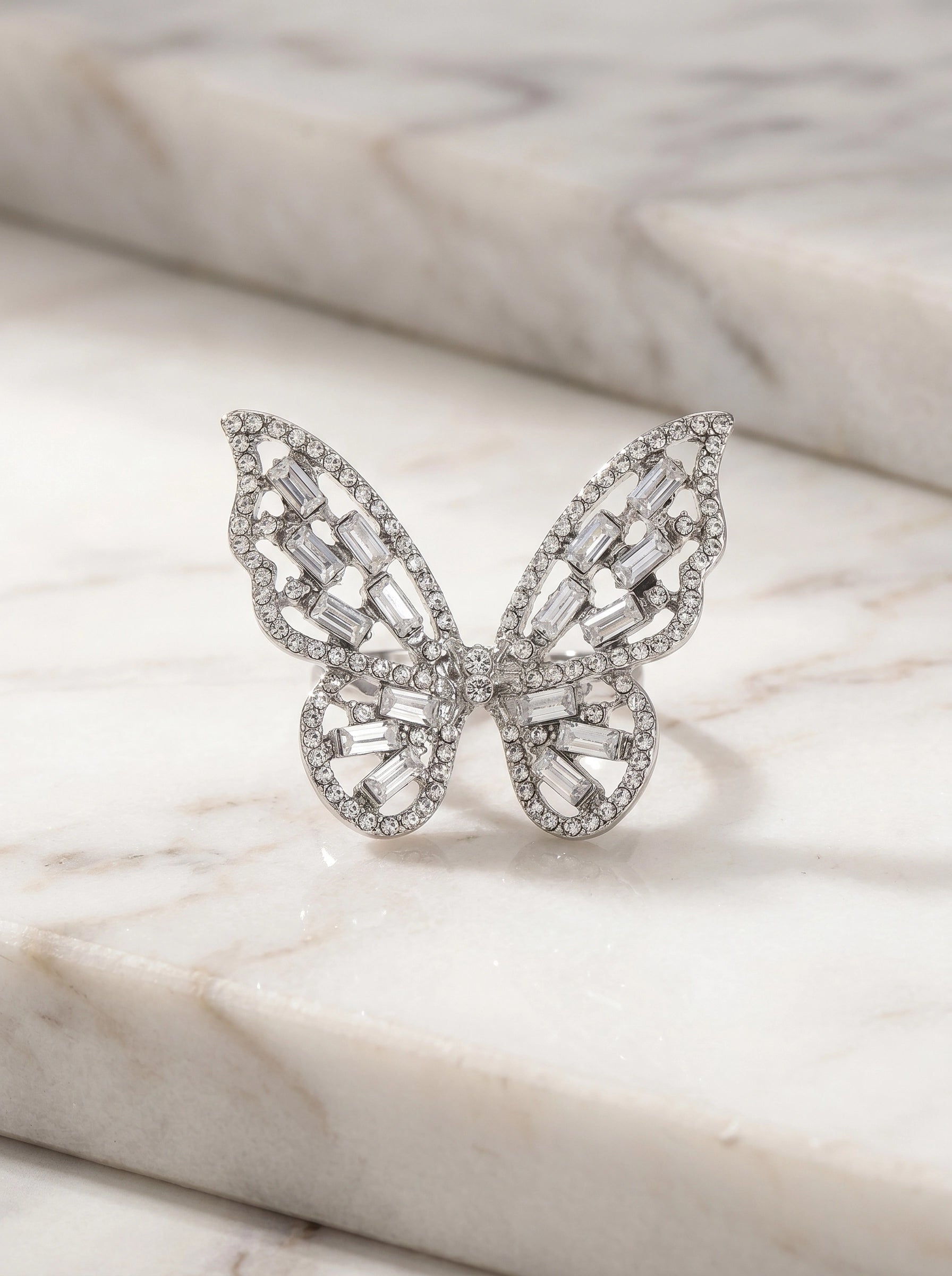 Crystal Butterfly Statement Ring for Women – Sparkling Silver Butterfly Ring, Adjustable Cocktail Ring, Elegant Crystal Jewelry, Gift for Her