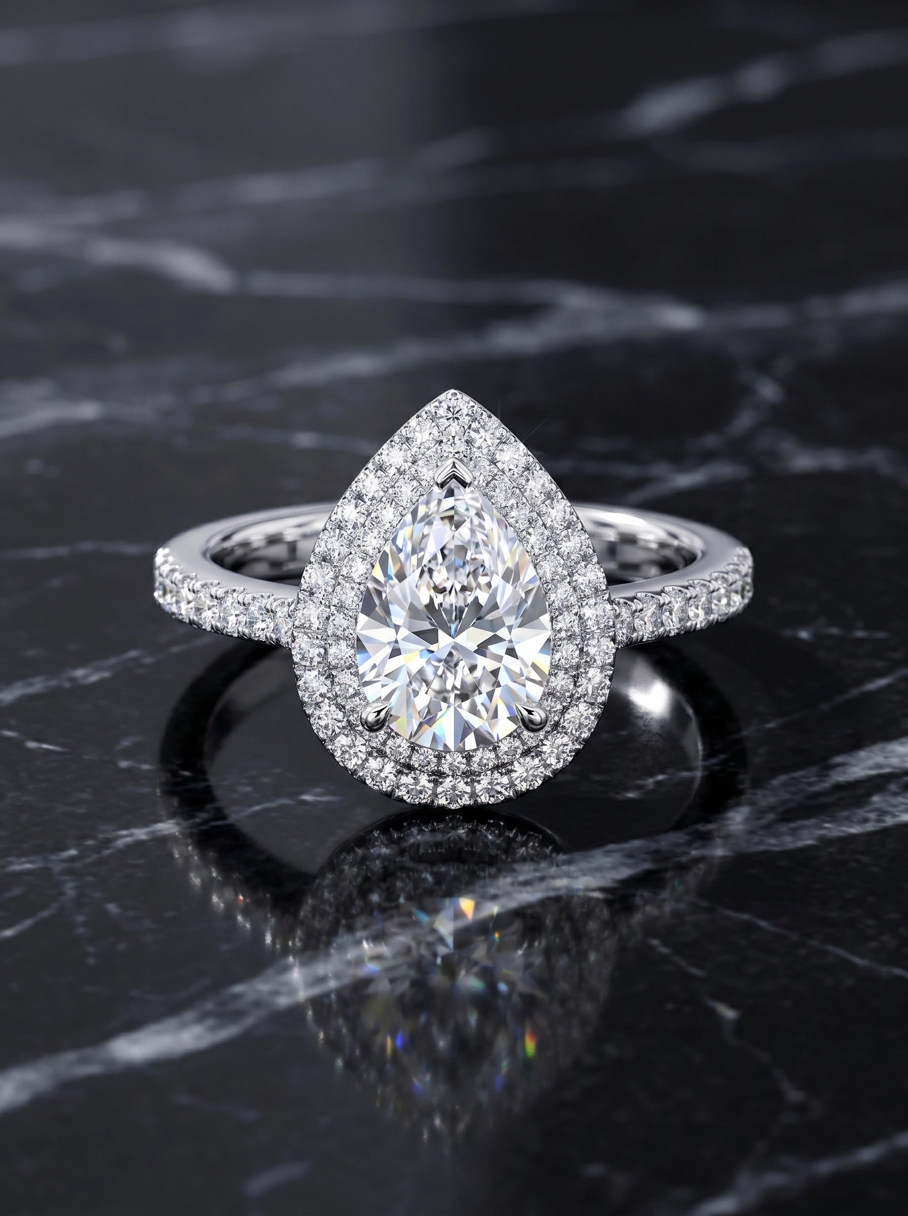 Pear Cut Halo Ring for Women – Teardrop Crystal Engagement Ring, Double Halo Statement Ring, Sparkling Silver Promise Ring, Elegant Gift for Her