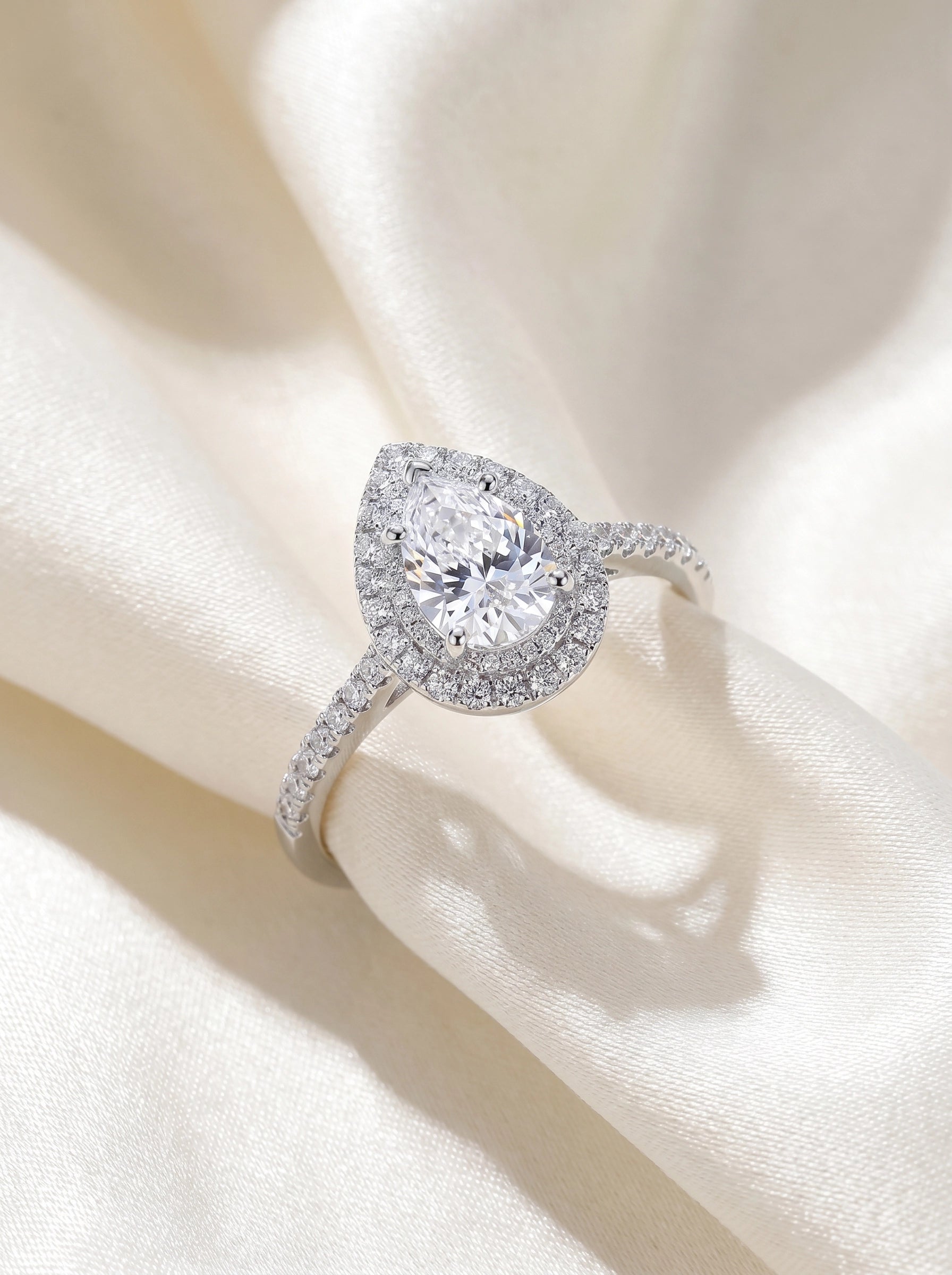 Pear Cut Halo Ring for Women – Teardrop Crystal Engagement Ring, Double Halo Statement Ring, Sparkling Silver Promise Ring, Elegant Gift for Her