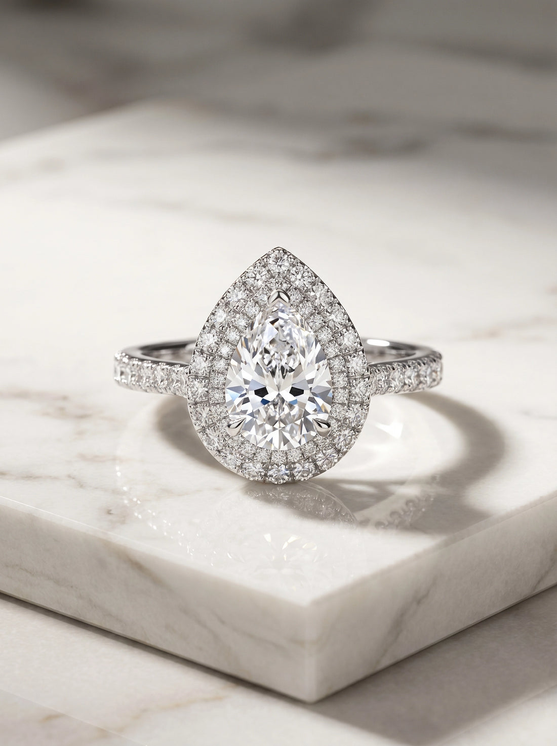 Pear Cut Halo Ring for Women – Teardrop Crystal Engagement Ring, Double Halo Statement Ring, Sparkling Silver Promise Ring, Elegant Gift for Her
