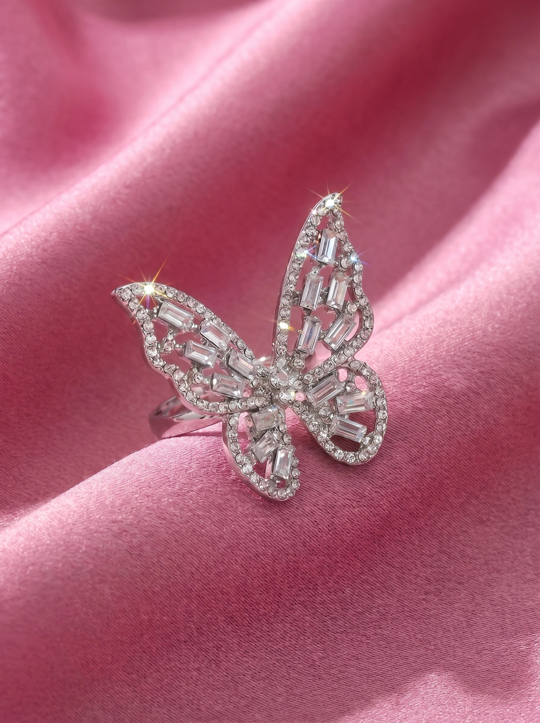 Crystal Butterfly Statement Ring for Women – Sparkling Silver Butterfly Ring, Adjustable Cocktail Ring, Elegant Crystal Jewelry, Gift for Her
