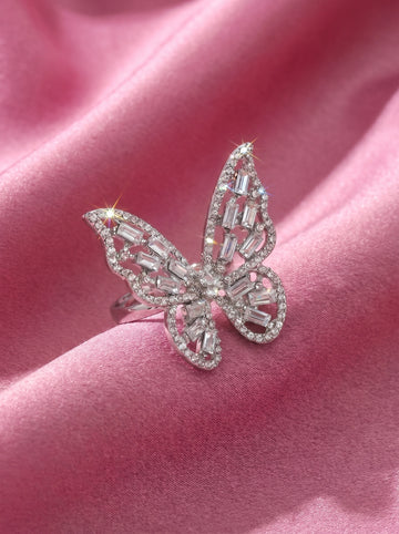 Crystal Butterfly Statement Ring for Women – Sparkling Silver Butterfly Ring, Adjustable Cocktail Ring, Elegant Crystal Jewelry, Gift for Her