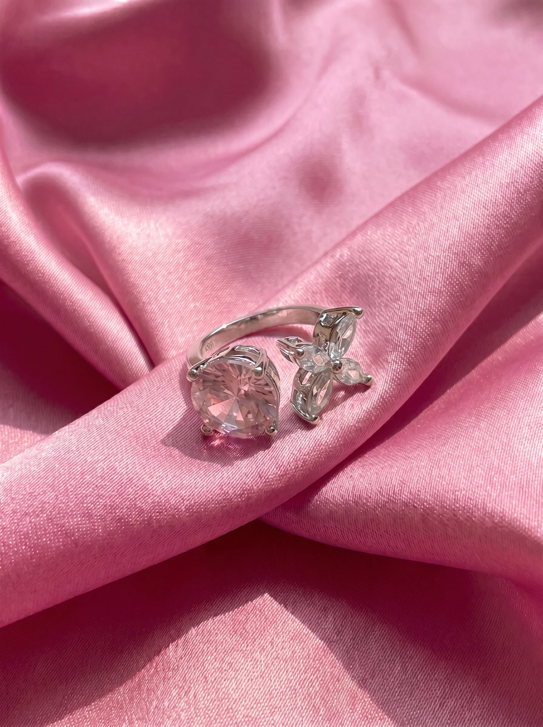 Pink Crystal Butterfly Ring for Women – Adjustable Silver Ring, Sparkly Butterfly Statement Ring, Romantic Pink Gemstone Jewelry, Gift for Her