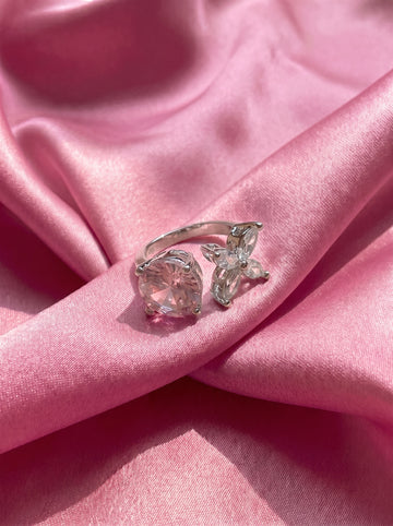 Pink Crystal Butterfly Ring for Women – Adjustable Silver Ring, Sparkly Butterfly Statement Ring, Romantic Pink Gemstone Jewelry, Gift for Her