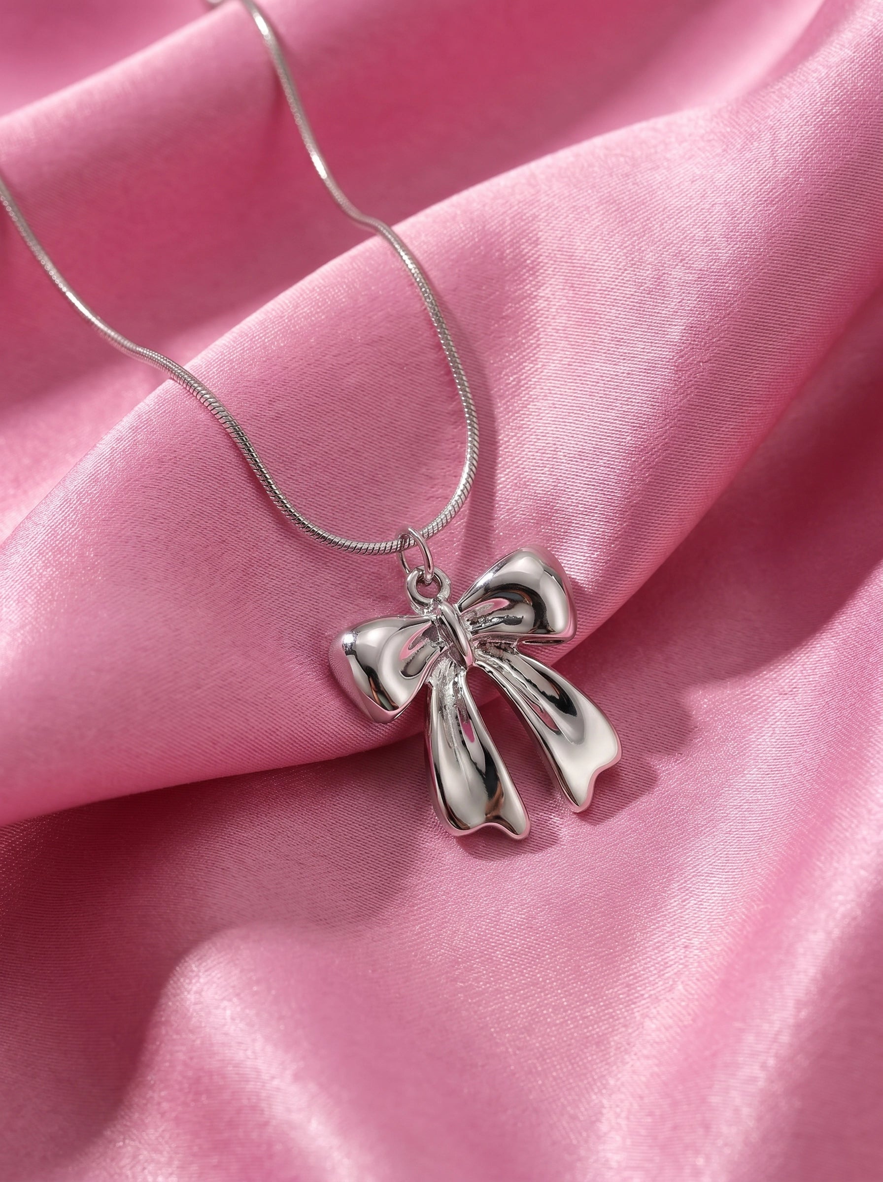 Silver Bow Pendant Necklace for Women – Elegant Ribbon Charm Necklace, Minimalist Silver Jewelry, Coquette Bow Necklace, Feminine Gift for Her