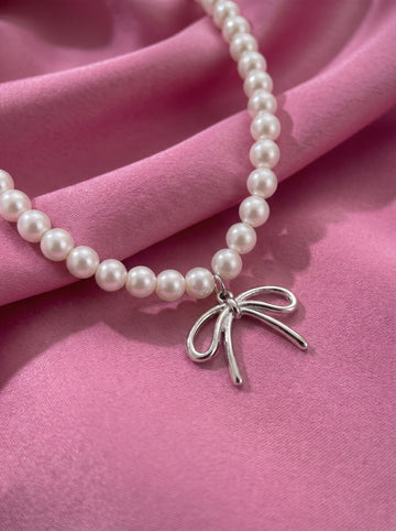 Pearl Bow Choker Necklace for Women – Elegant Pearl Necklace with Silver Bow Pendant, Coquette Jewelry, Feminine Bridal Necklace, Gift for Her