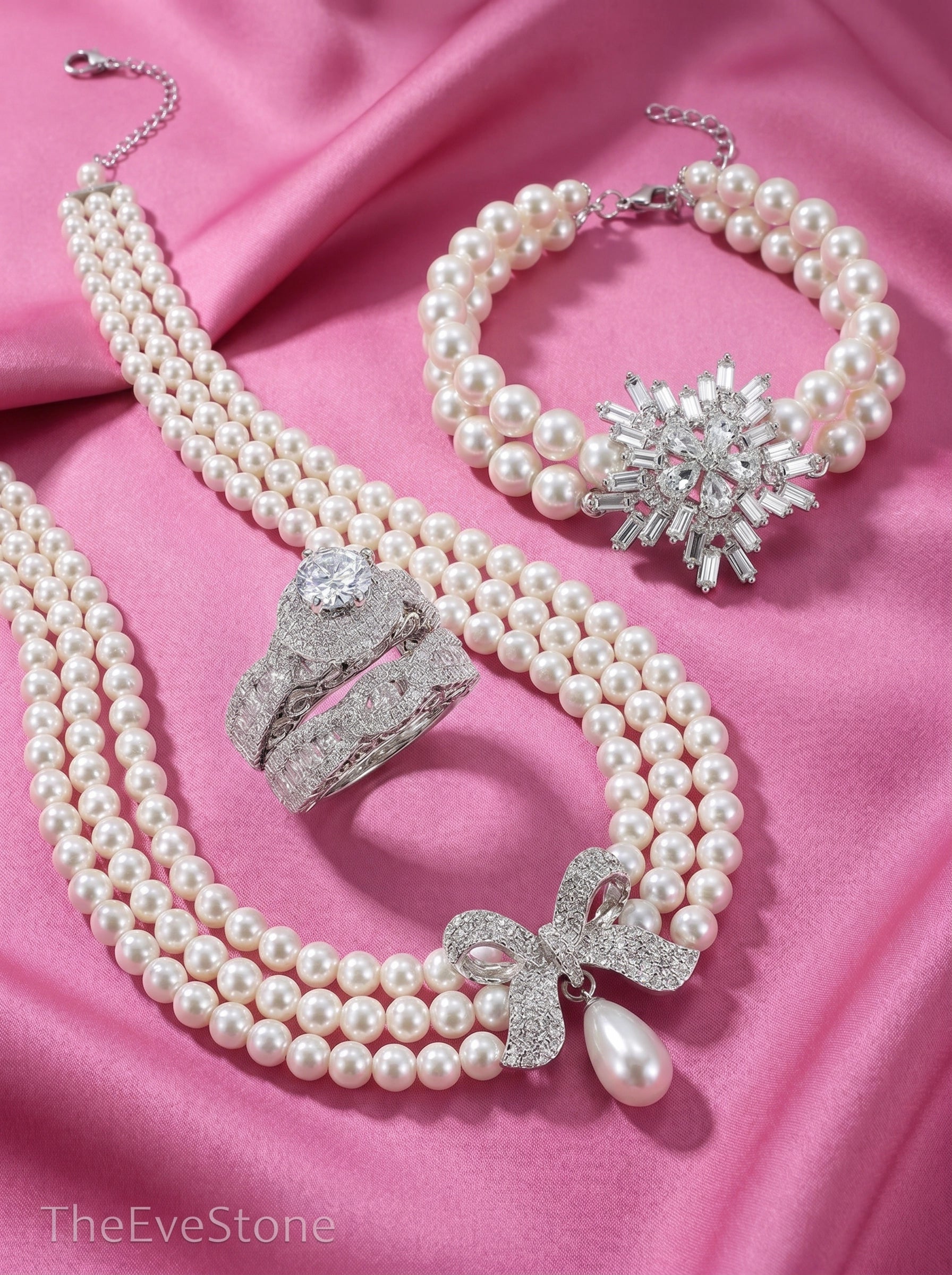 Pearl Jewelry Set, Pearl Necklace + Ring + Bracelet, Wedding Gift for Women