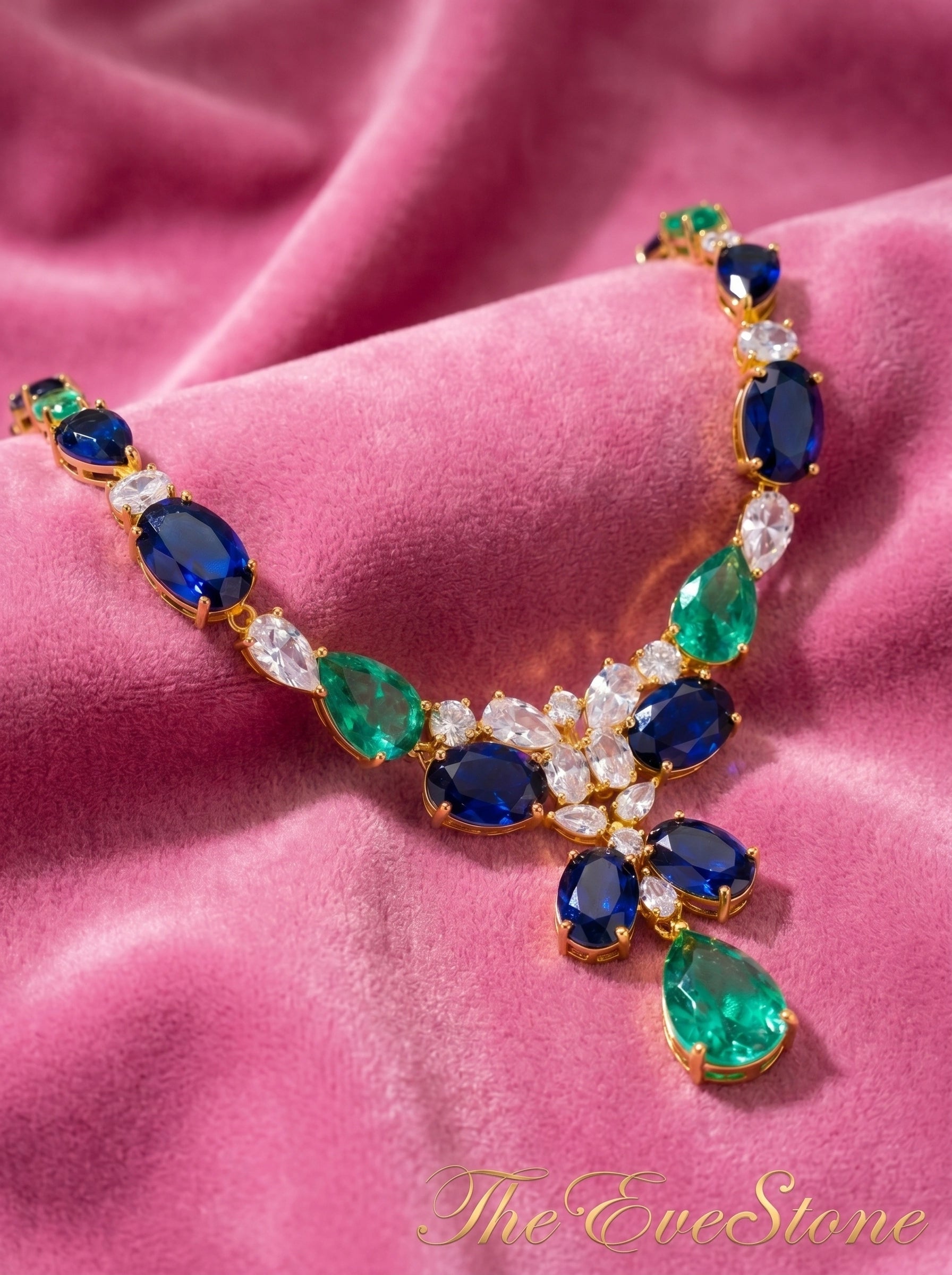 Sapphire Emerald Statement Necklace, Blue Green Gemstone Gold Plated Necklace for Women, Wedding Jewelry
