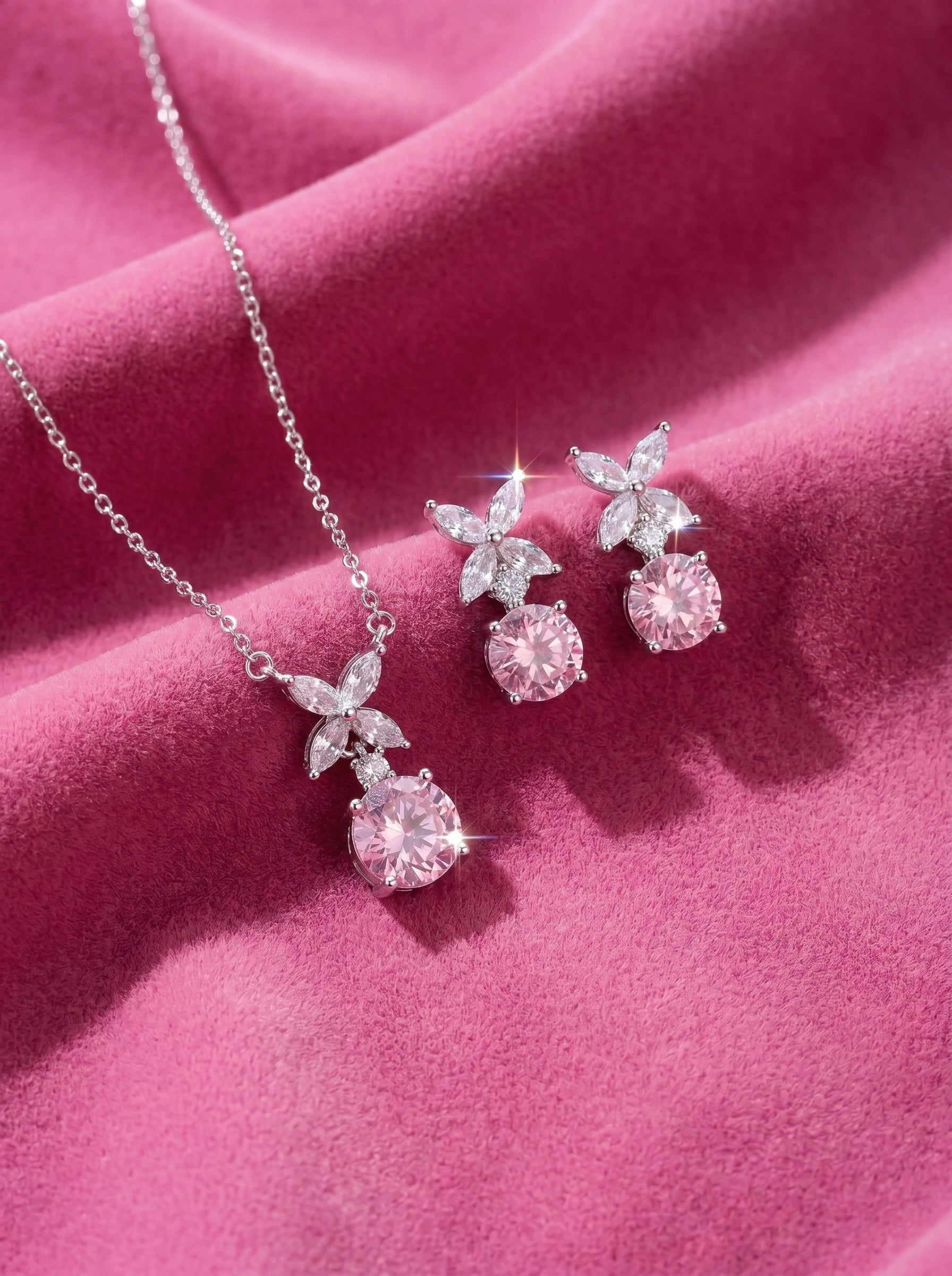 Pink Crystal Marquise Silver Jewelry Set, Pendant Necklace Drop Earrings