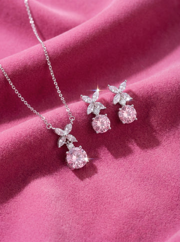 Pink Crystal Marquise Silver Jewelry Set, Pendant Necklace Drop Earrings