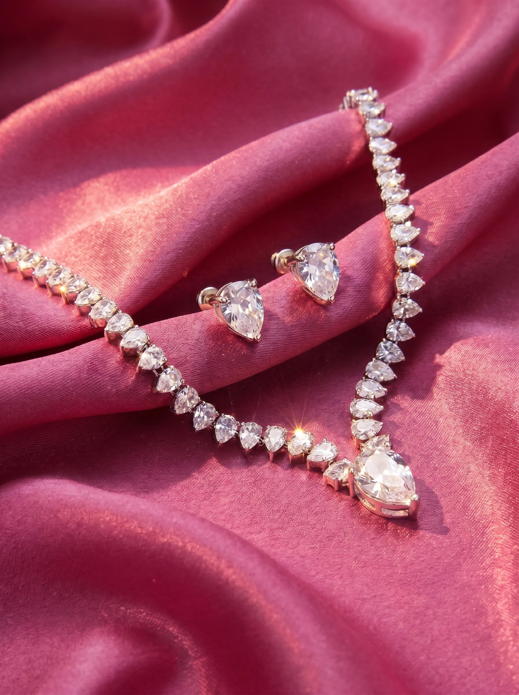 Pear Crystal Jewelry Set, Necklace and Earrings, Silver Plated Bridal Jewelry Gift for Women