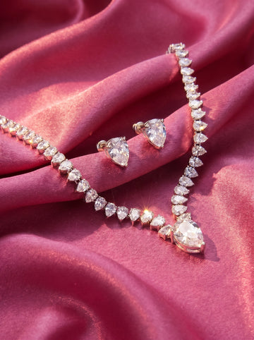 Pear Crystal Jewelry Set, Necklace and Earrings, Silver Plated Bridal Jewelry Gift for Women