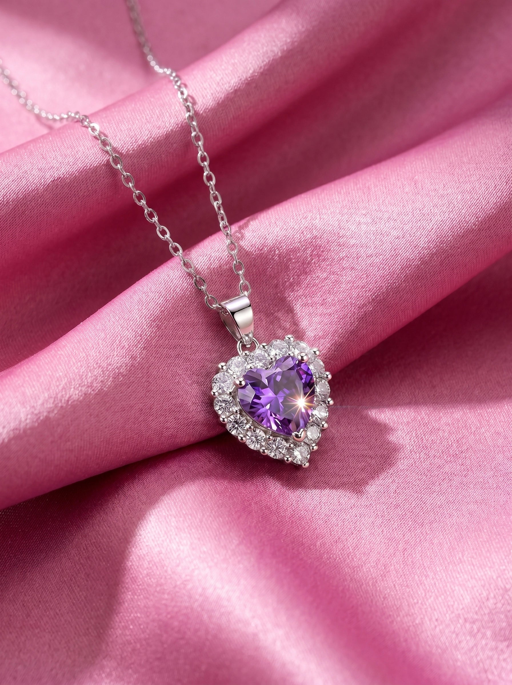 Purple Heart Necklace, Amethyst Crystal Pendant, Silver Halo Jewelry Gift for Women