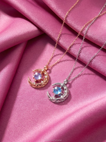 Moon Crystal Necklace, Celestial Pendant, Rose Gold Lavender, Silver Blue