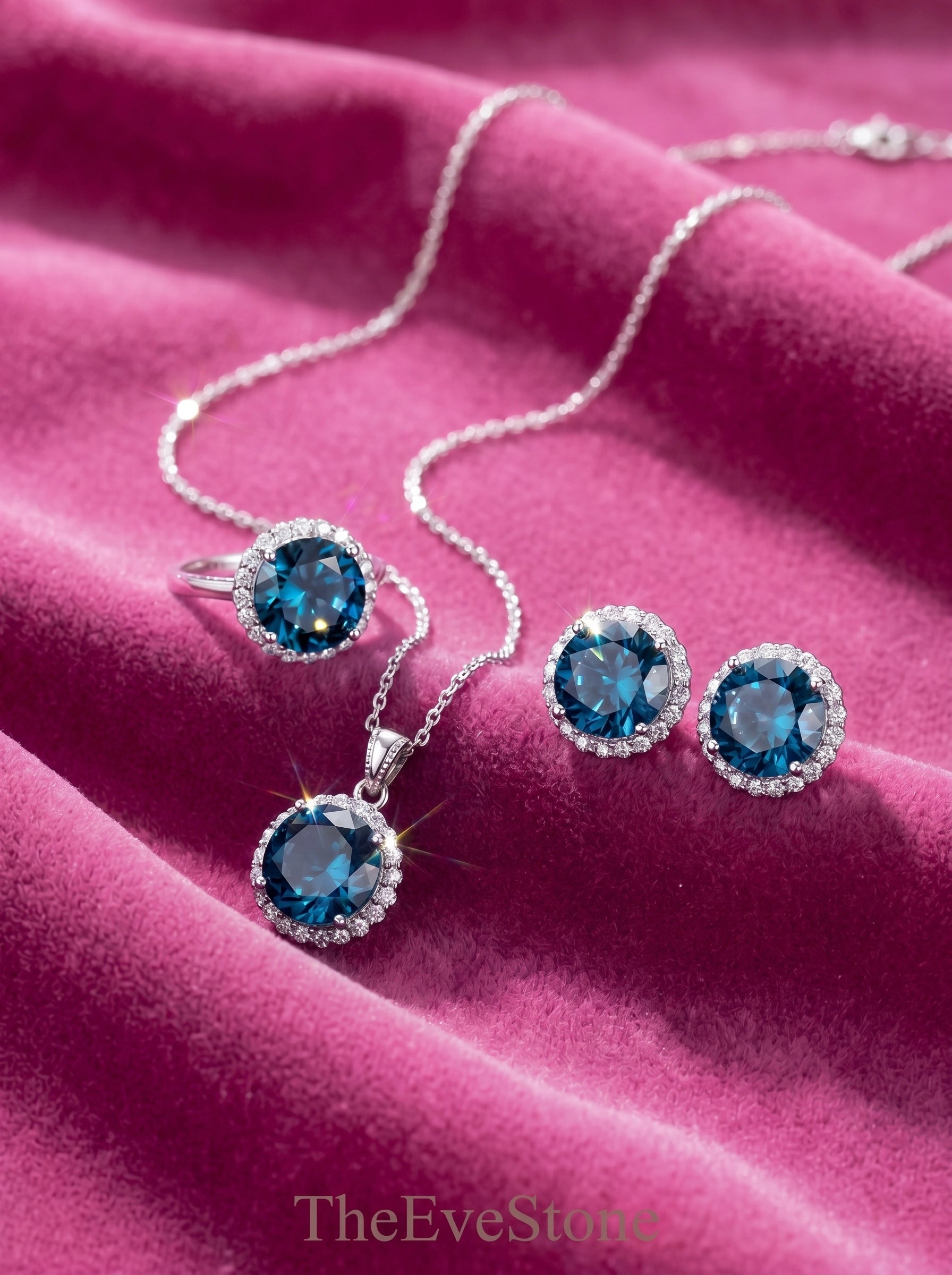 Blue Crystal Jewelry Set, Necklace Earrings Ring Set, Bridal Gift for Women