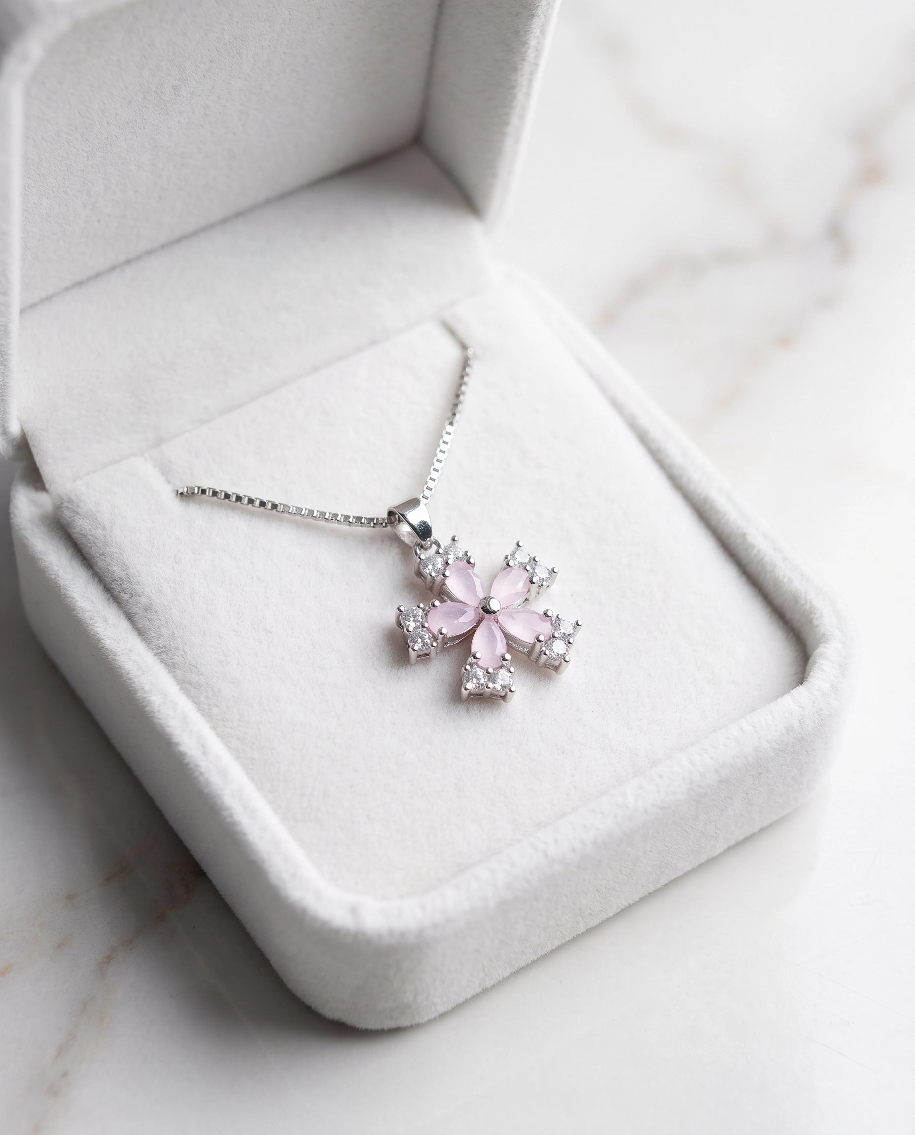 Pink Flower Crystal Pendant Necklace for Women | Floral Silver Necklace | Blossom Pendant | Elegant Everyday Jewelry | Gift for Her | EveStone