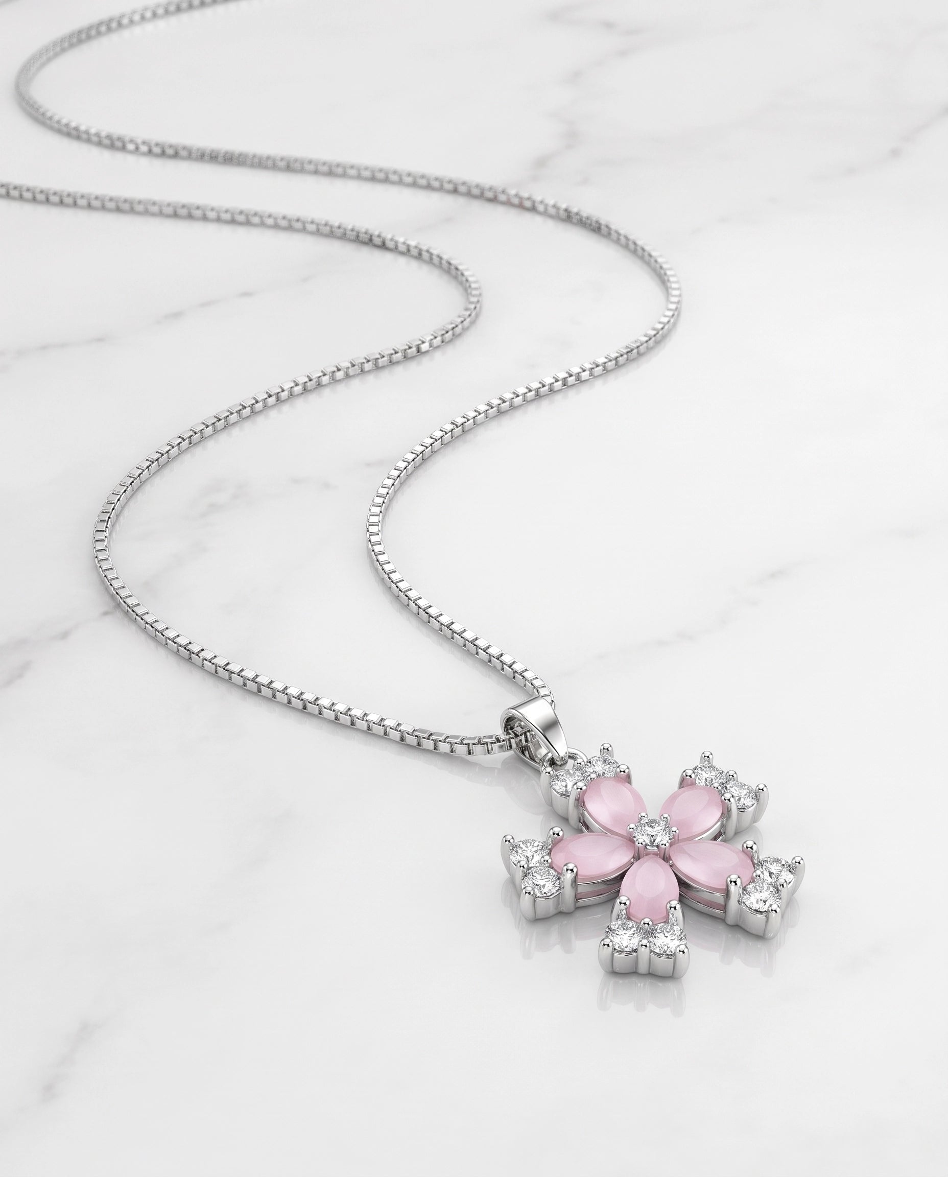 Pink Flower Crystal Pendant Necklace for Women | Floral Silver Necklace | Blossom Pendant | Elegant Everyday Jewelry | Gift for Her | EveStone