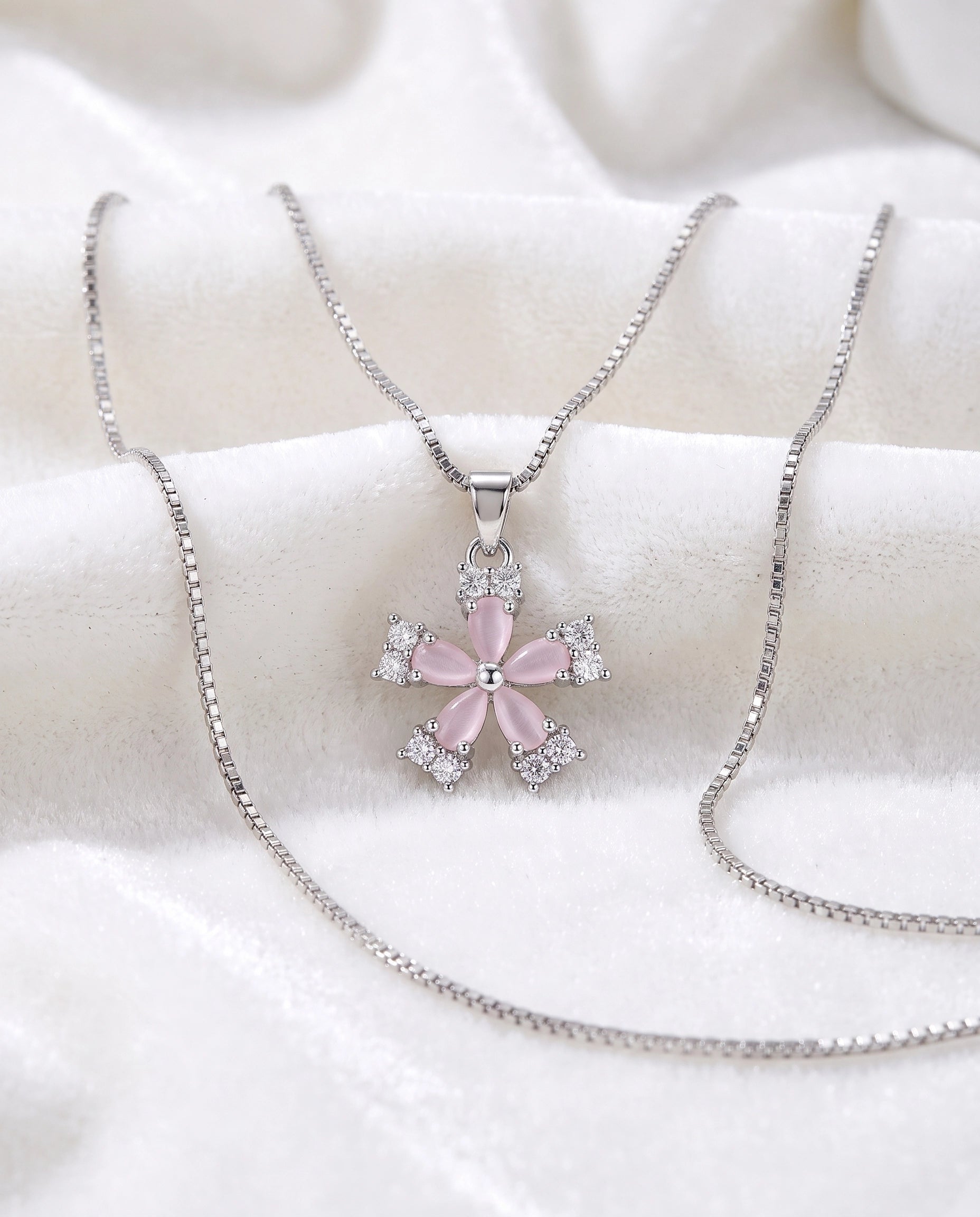 Pink Flower Crystal Pendant Necklace for Women | Floral Silver Necklace | Blossom Pendant | Elegant Everyday Jewelry | Gift for Her | EveStone