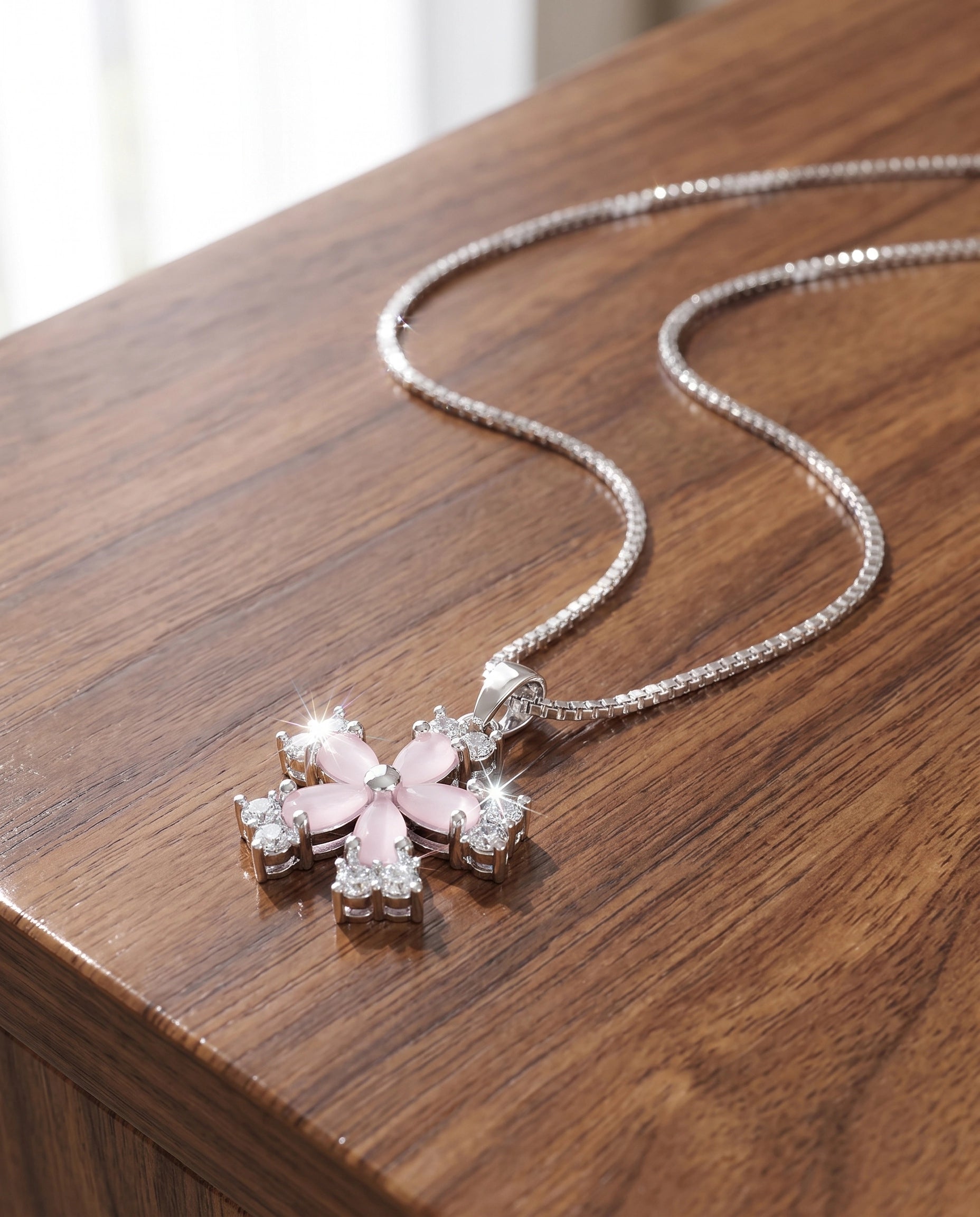 Pink Flower Crystal Pendant Necklace for Women | Floral Silver Necklace | Blossom Pendant | Elegant Everyday Jewelry | Gift for Her | EveStone