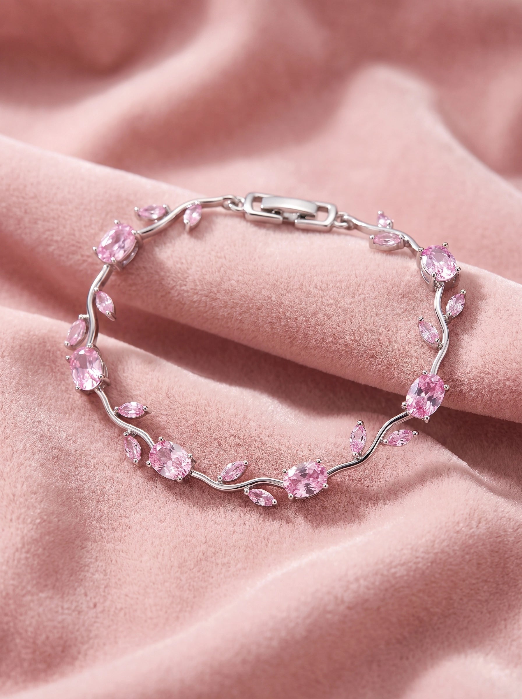 Pink Crystal Tulip Bracelet for Women – Elegant Silver-Plated Floral Tennis Bracelet | Luxury Gift Jewelry