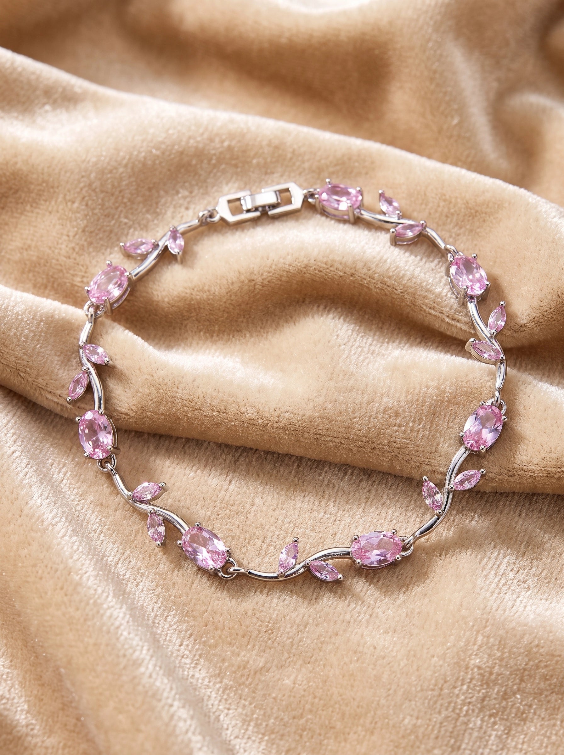 Pink Crystal Tulip Bracelet for Women – Elegant Silver-Plated Floral Tennis Bracelet | Luxury Gift Jewelry