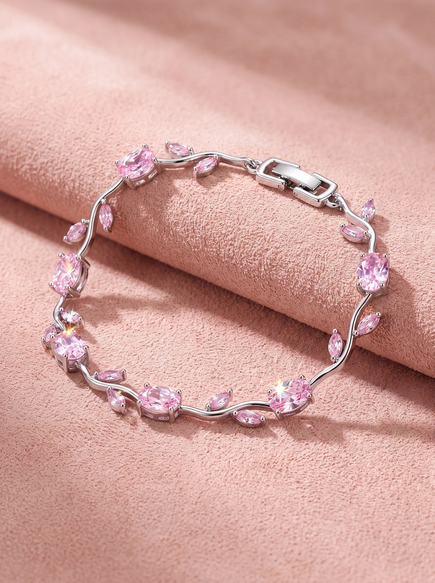 Pink Crystal Tulip Bracelet for Women – Elegant Silver-Plated Floral Tennis Bracelet | Luxury Gift Jewelry