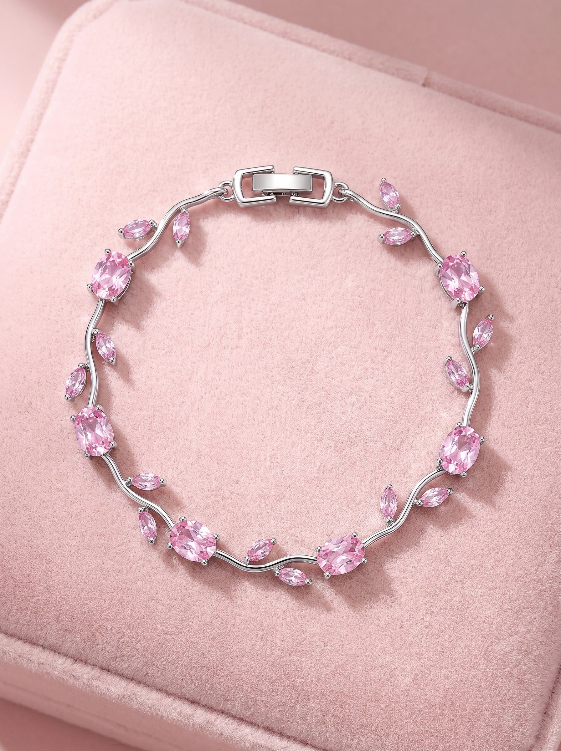 Pink Crystal Tulip Bracelet for Women – Elegant Silver-Plated Floral Tennis Bracelet | Luxury Gift Jewelry
