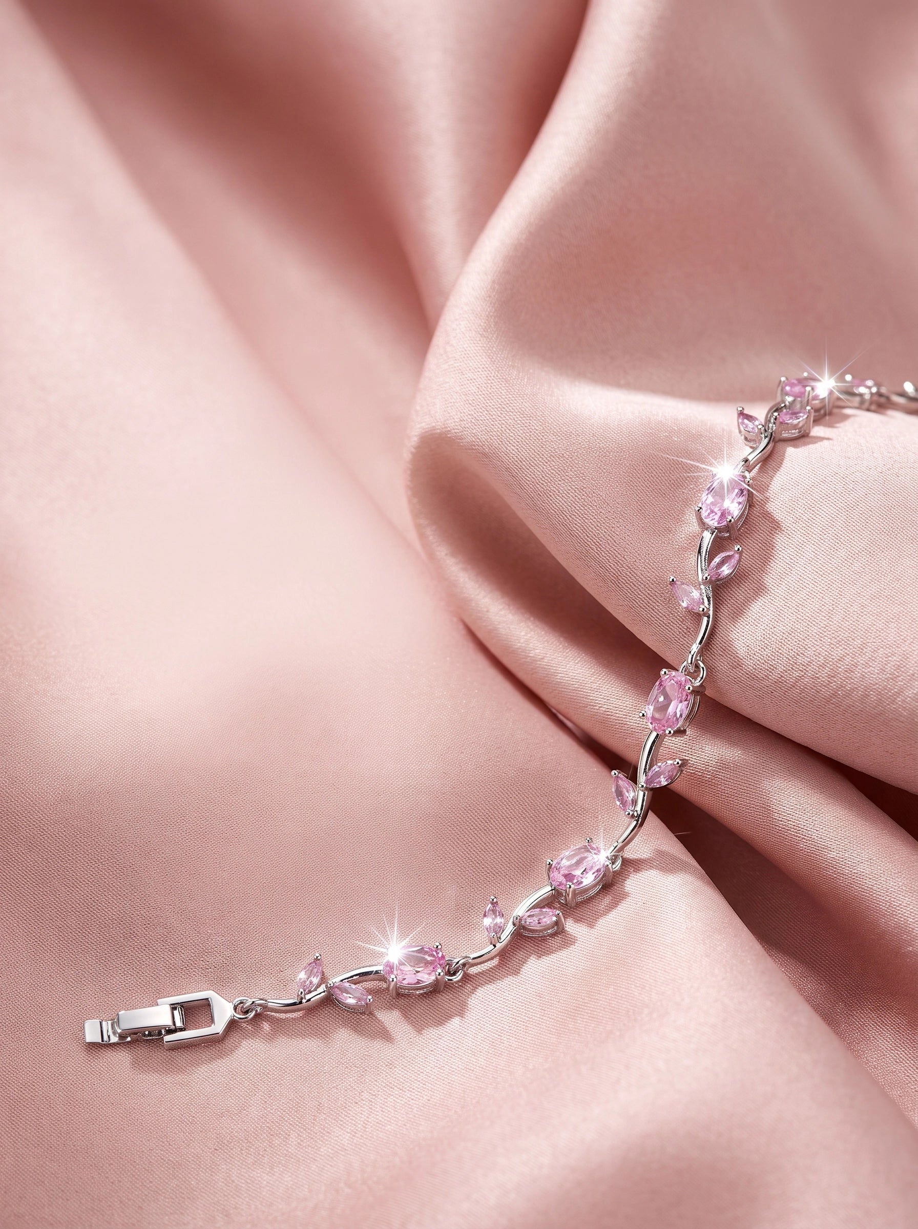 Pink Crystal Tulip Bracelet for Women – Elegant Silver-Plated Floral Tennis Bracelet | Luxury Gift Jewelry