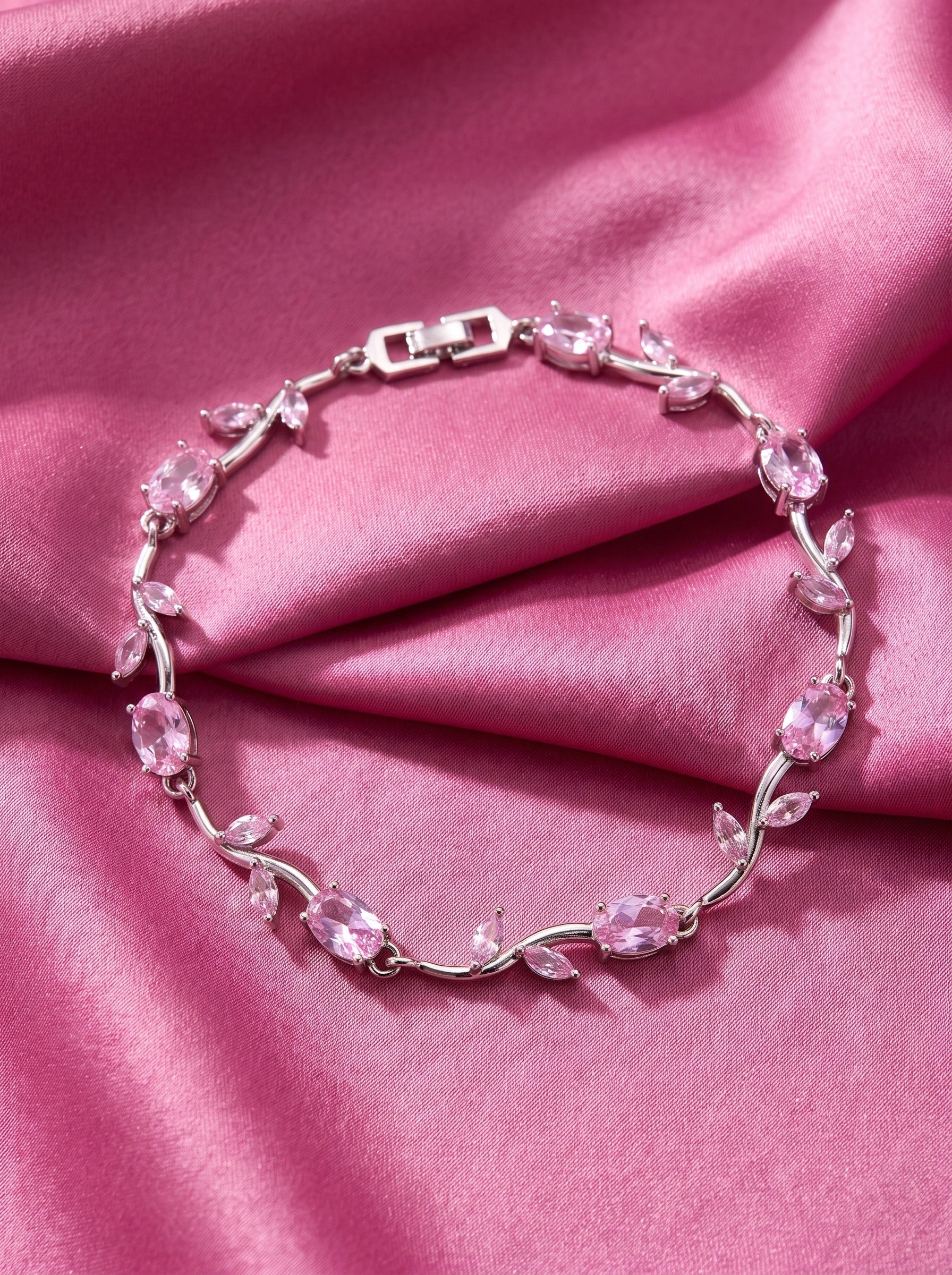 Pink Crystal Tulip Bracelet for Women – Elegant Silver-Plated Floral Tennis Bracelet | Luxury Gift Jewelry