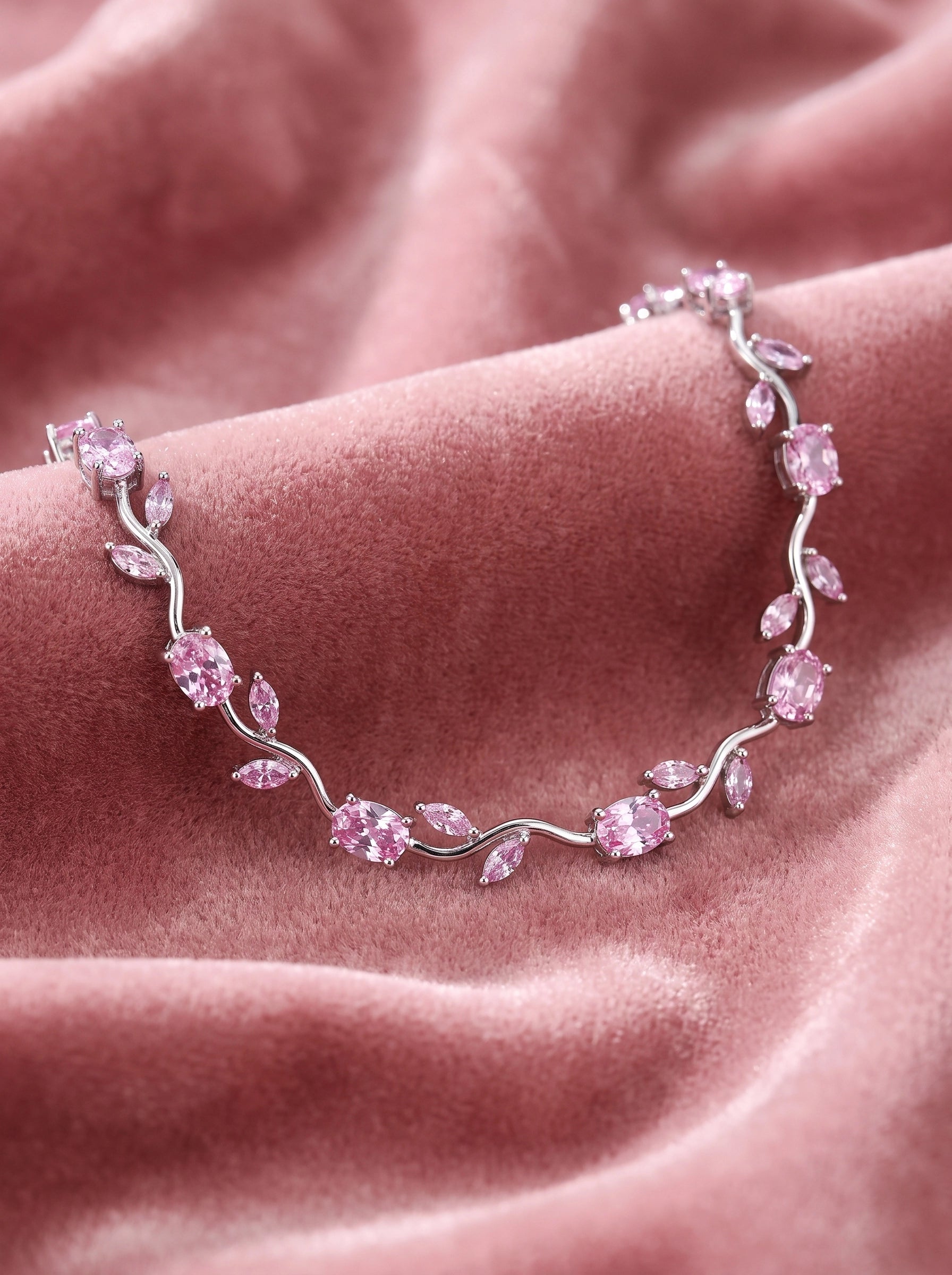 Pink Tulip Crystal Necklace for Women – Elegant Silver-Plated Floral Pendant Necklace | Luxury Gift Jewelry