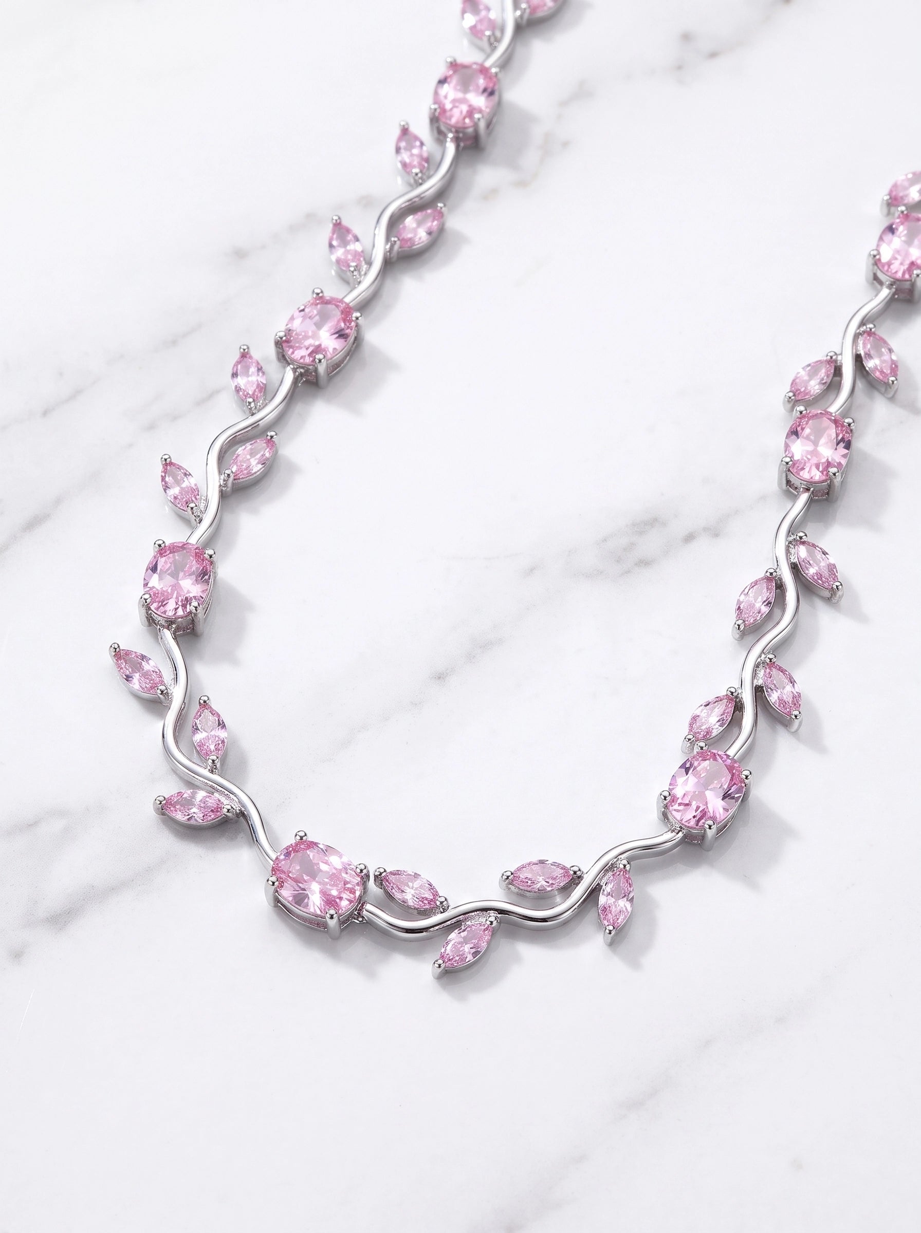 Pink Tulip Crystal Necklace for Women – Elegant Silver-Plated Floral Pendant Necklace | Luxury Gift Jewelry