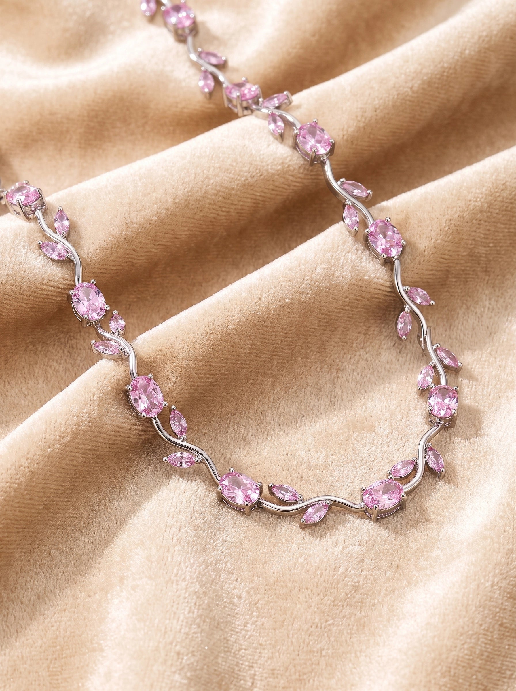 Pink Tulip Crystal Necklace for Women – Elegant Silver-Plated Floral Pendant Necklace | Luxury Gift Jewelry