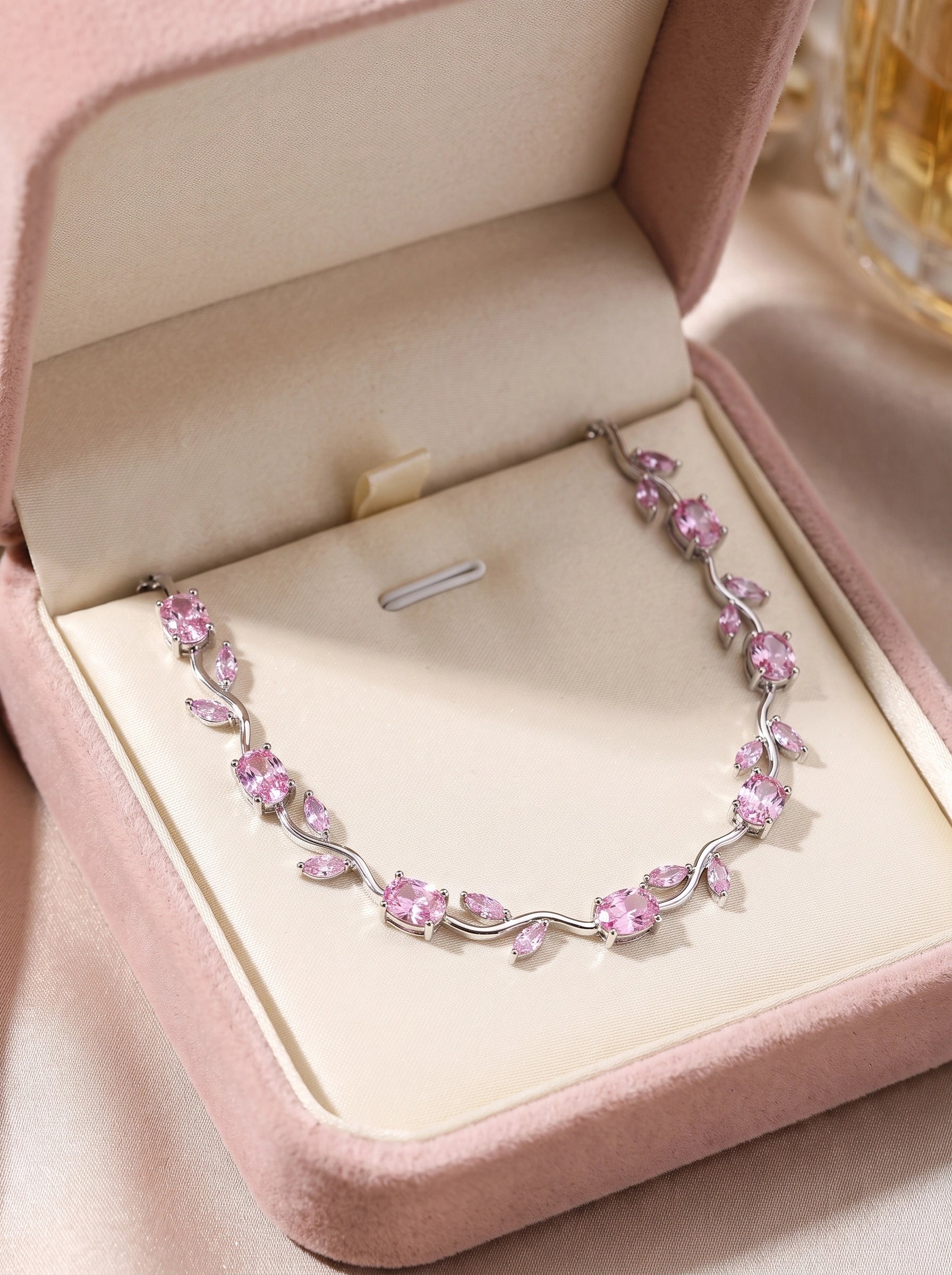 Pink Tulip Crystal Necklace for Women – Elegant Silver-Plated Floral Pendant Necklace | Luxury Gift Jewelry