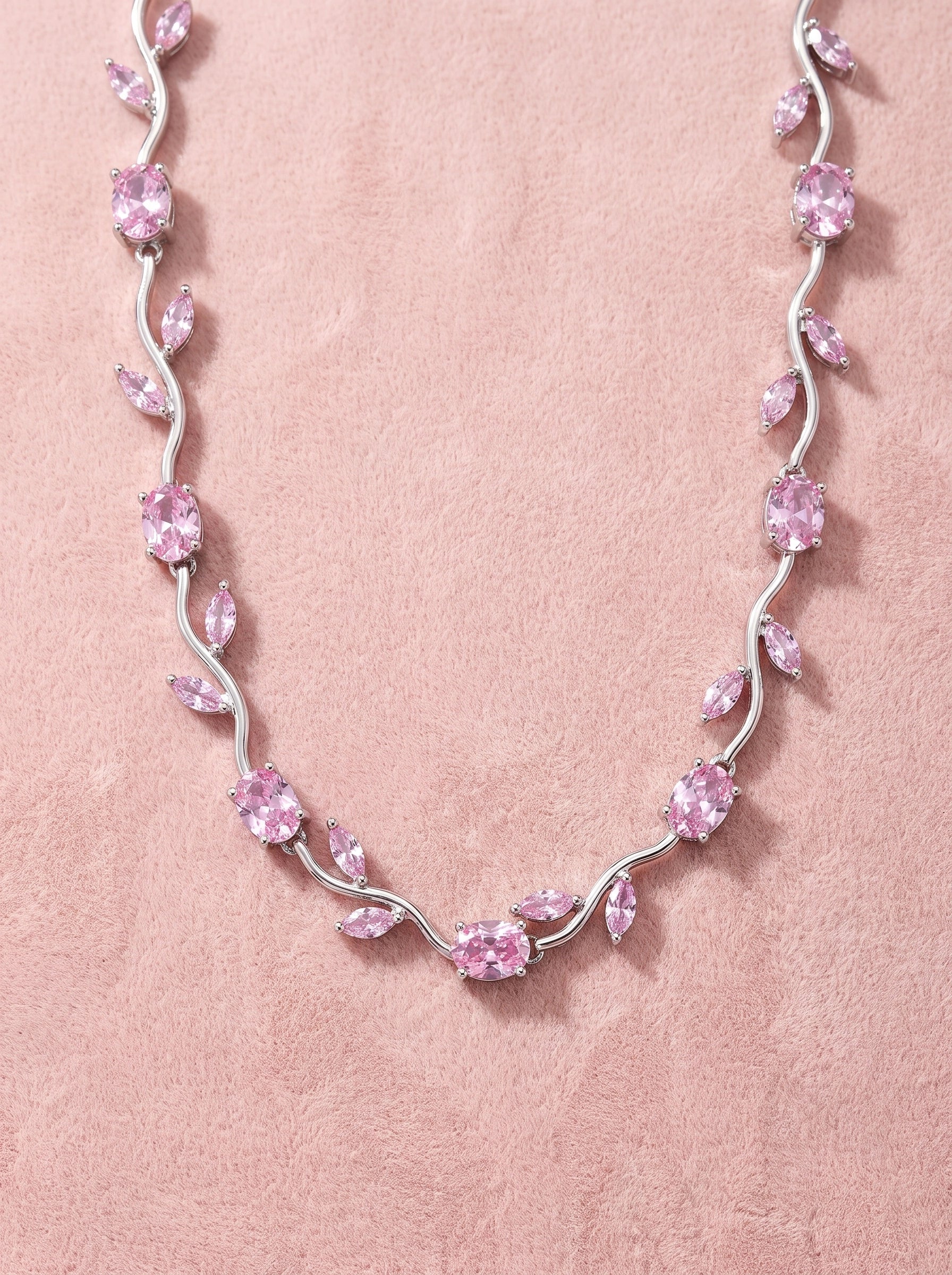 Pink Tulip Crystal Necklace for Women – Elegant Silver-Plated Floral Pendant Necklace | Luxury Gift Jewelry