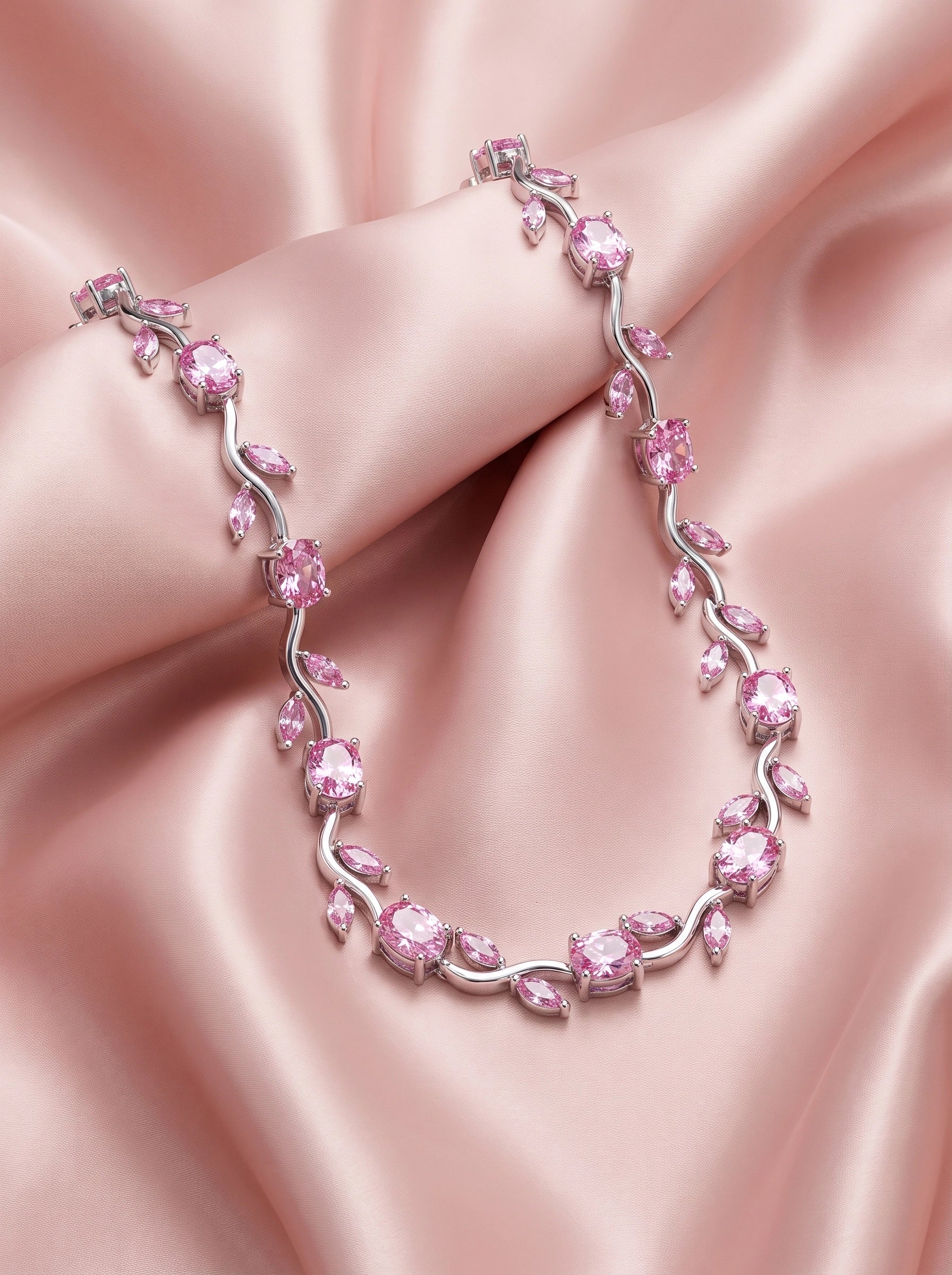 Pink Tulip Crystal Necklace for Women – Elegant Silver-Plated Floral Pendant Necklace | Luxury Gift Jewelry