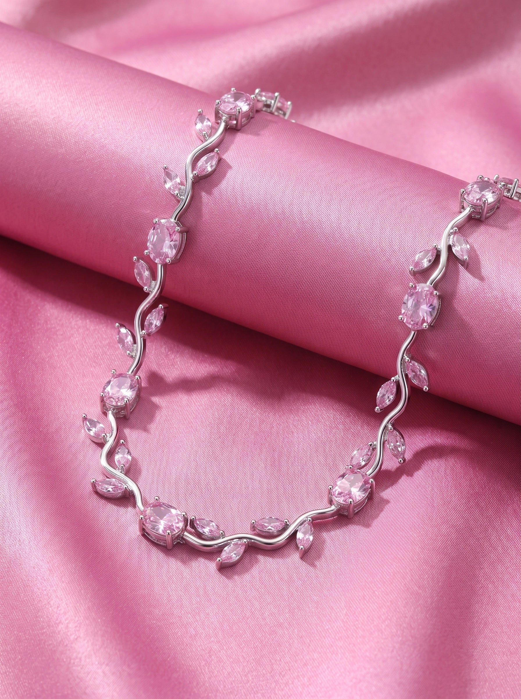Pink Tulip Crystal Necklace for Women – Elegant Silver-Plated Floral Pendant Necklace | Luxury Gift Jewelry