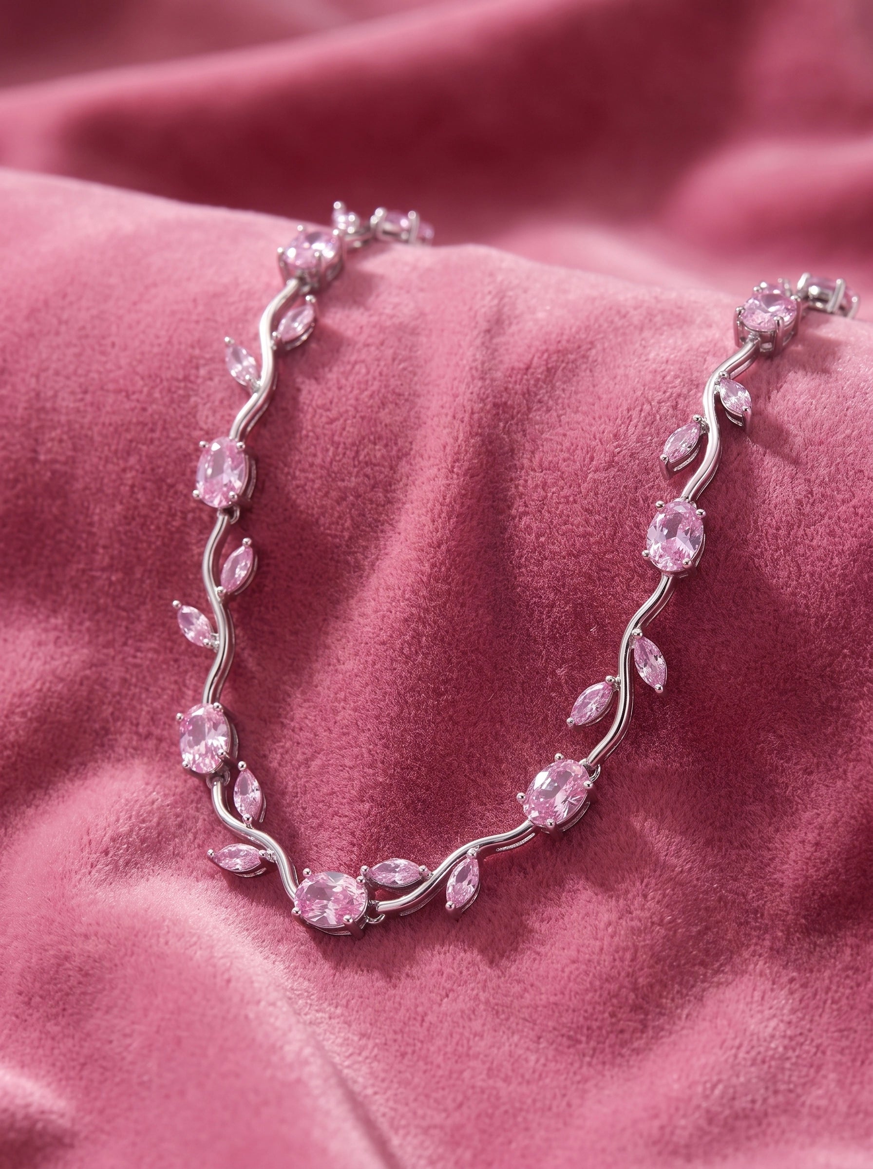 Pink Tulip Crystal Necklace for Women – Elegant Silver-Plated Floral Pendant Necklace | Luxury Gift Jewelry